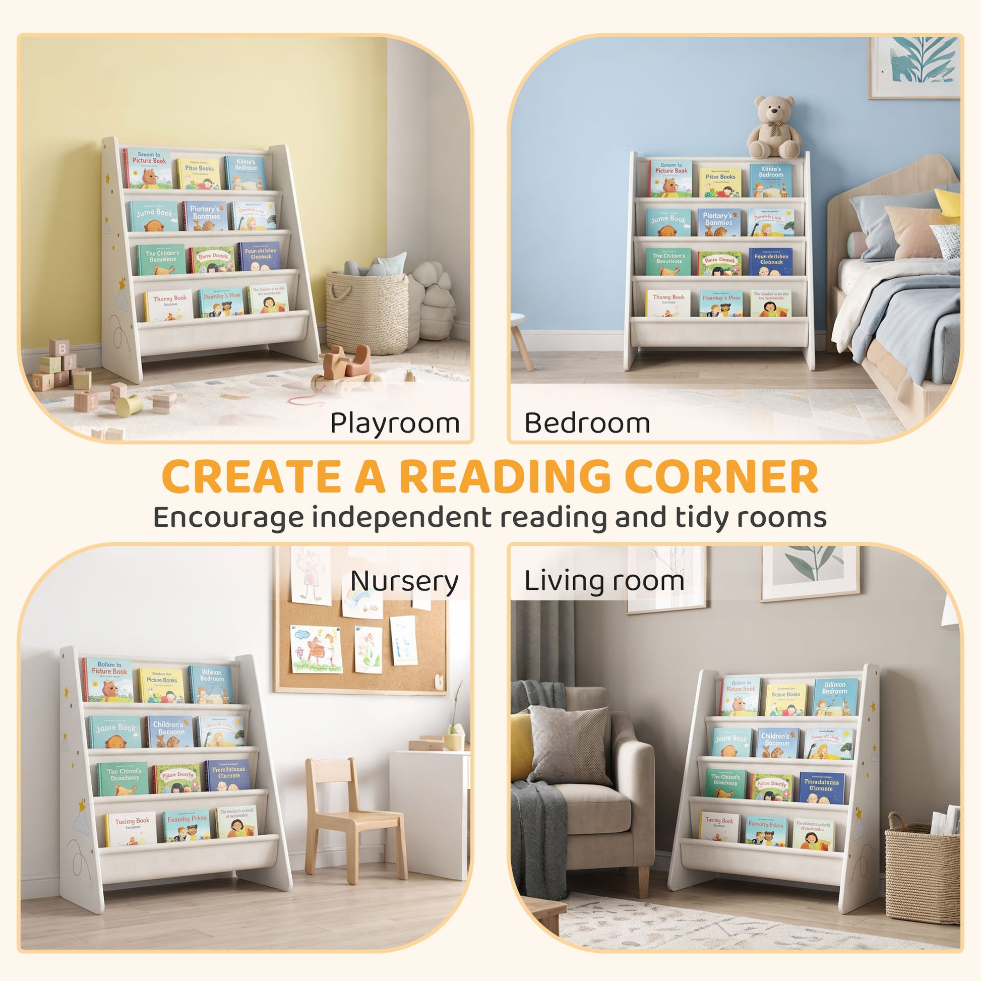 Qaba Fabric Kids Bookshelf, 4-Tier Toddler Sling Book Rack for Playroom, Bedroom, Nursery and Kids Room for Ages 3-6, White-Toys & Games > Toddler & Kids Furniture > Baby & Kids Storage-DECOROLALA
