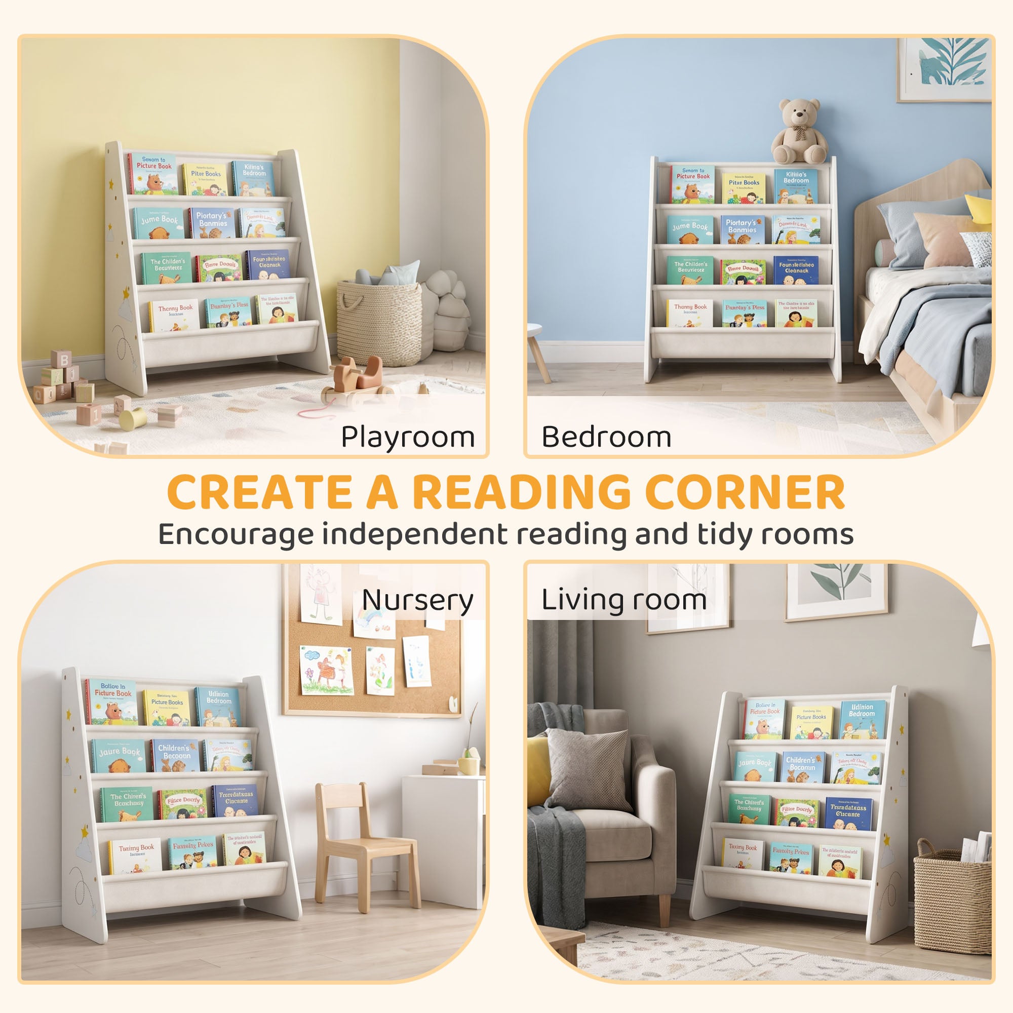 Qaba Fabric Kids Bookshelf, 4-Tier Toddler Sling Book Rack for Playroom, Bedroom, Nursery and Kids Room for Ages 3-6, White-Toys & Games > Toddler & Kids Furniture > Baby & Kids Storage-DECOROLALA
