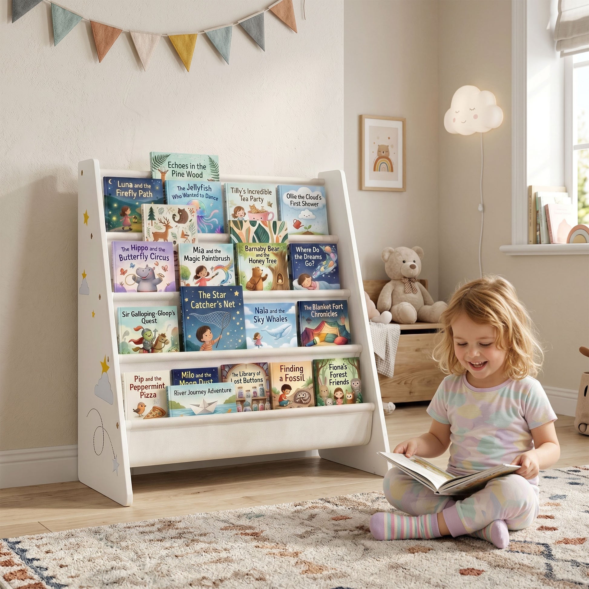 Qaba Fabric Kids Bookshelf, 4-Tier Toddler Sling Book Rack for Playroom, Bedroom, Nursery and Kids Room for Ages 3-6, White-Toys & Games > Toddler & Kids Furniture > Baby & Kids Storage-DECOROLALA
