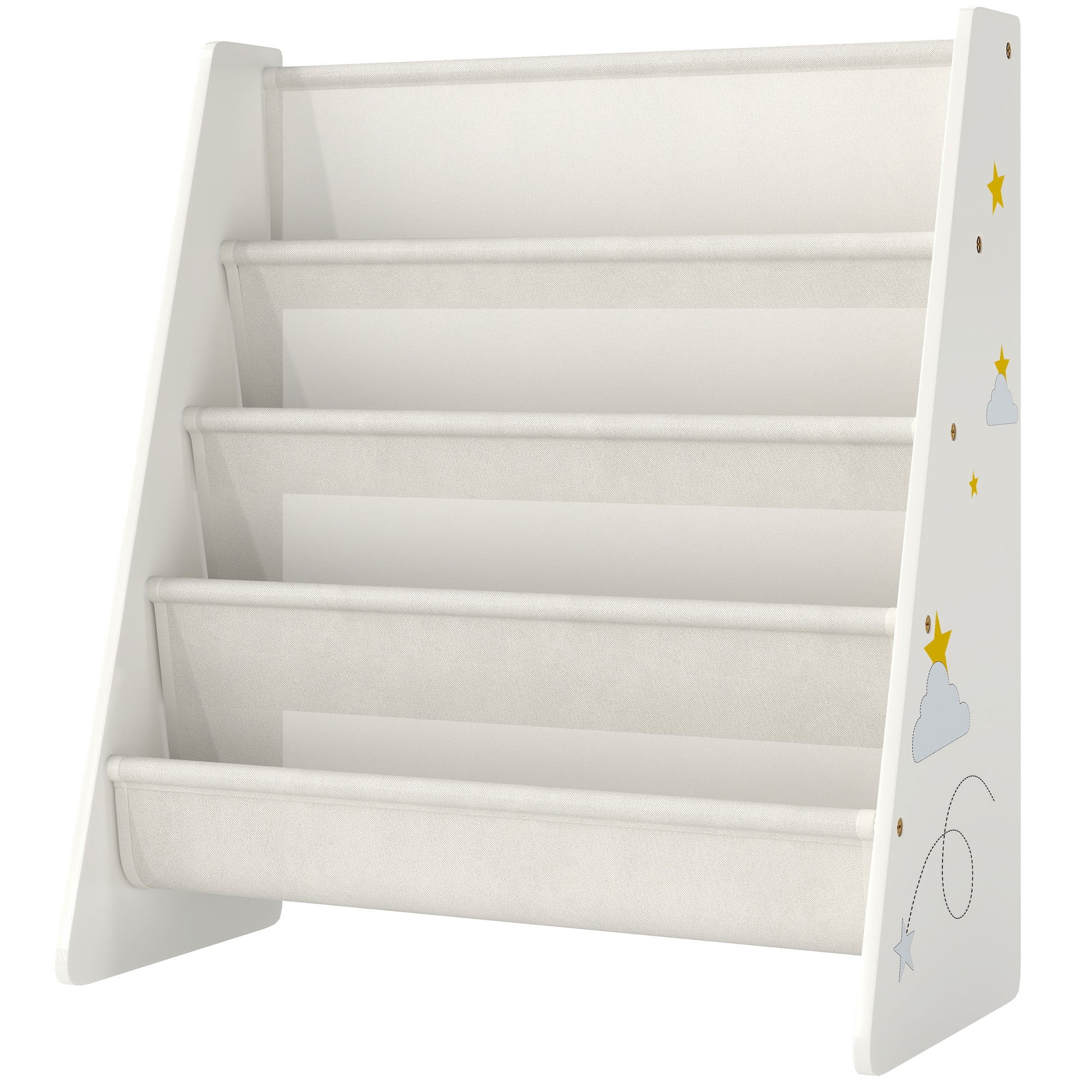 Qaba Fabric Kids Bookshelf, 4-Tier Toddler Sling Book Rack for Playroom, Bedroom, Nursery and Kids Room for Ages 3-6, White-Toys & Games > Toddler & Kids Furniture > Baby & Kids Storage-DECOROLALA