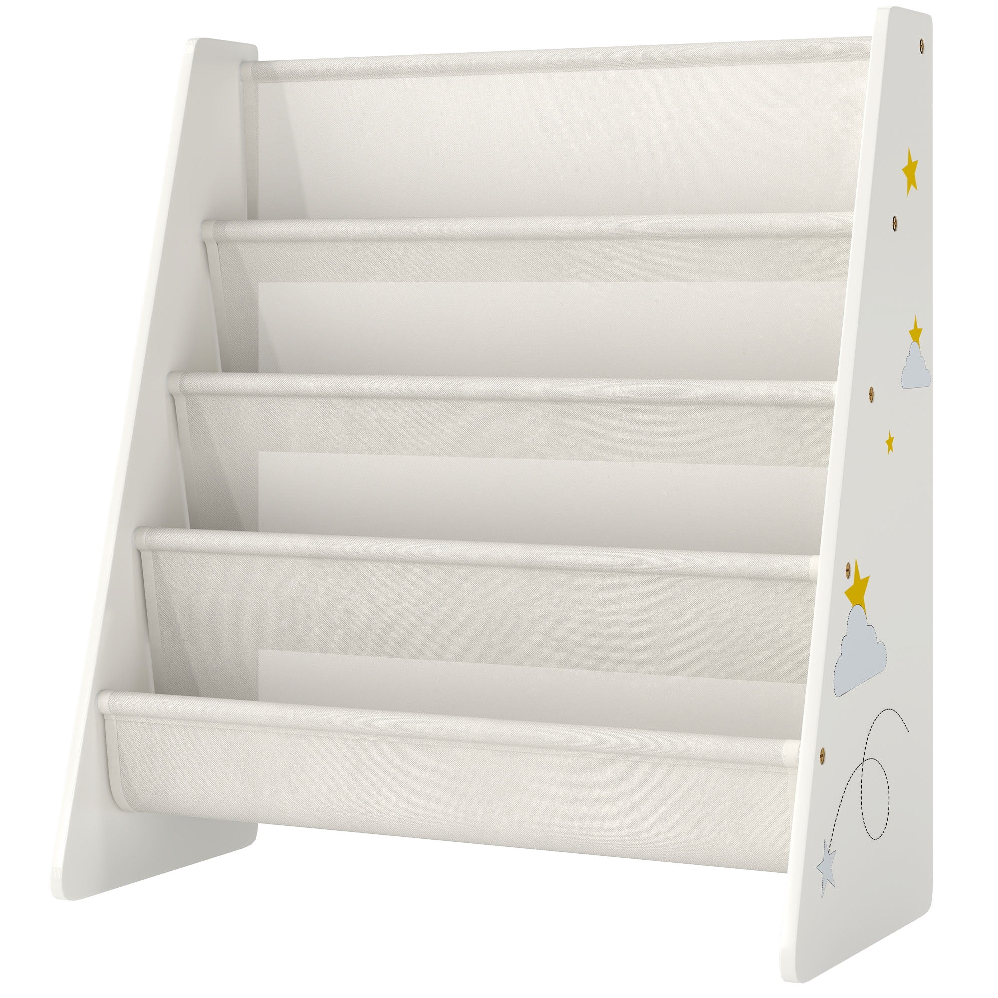 Qaba Fabric Kids Bookshelf, 4-Tier Toddler Sling Book Rack for Playroom, Bedroom, Nursery and Kids Room for Ages 3-6, White-Toys & Games > Toddler & Kids Furniture > Baby & Kids Storage-DECOROLALA