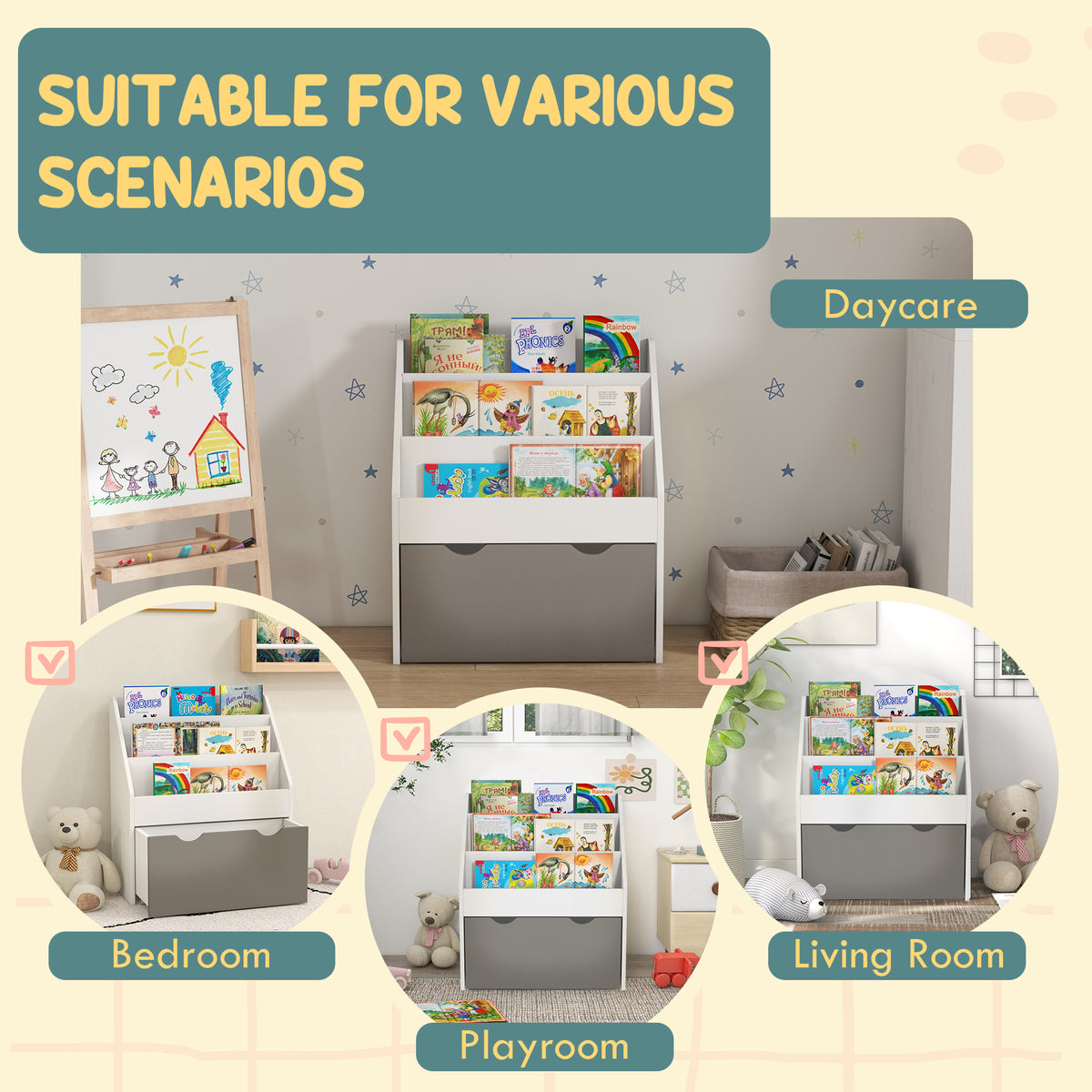 Qaba Kids 3-Tier Bookshelf with Rolling Drawer - Grey MDF-Toys & Games > Toddler & Kids Furniture > Baby & Kids Storage-DECOROLALA