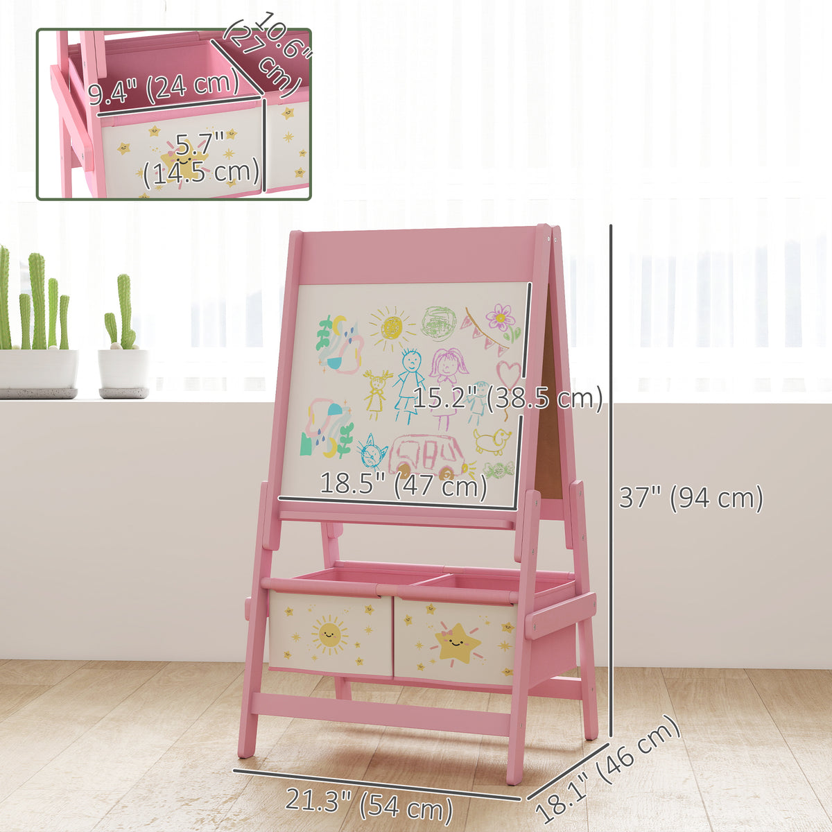 Qaba Kids 3-in-1 Art Easel - Double-Sided Pink Pine Wood-Toys & Games > Toddler & Kids Furniture-DECOROLALA