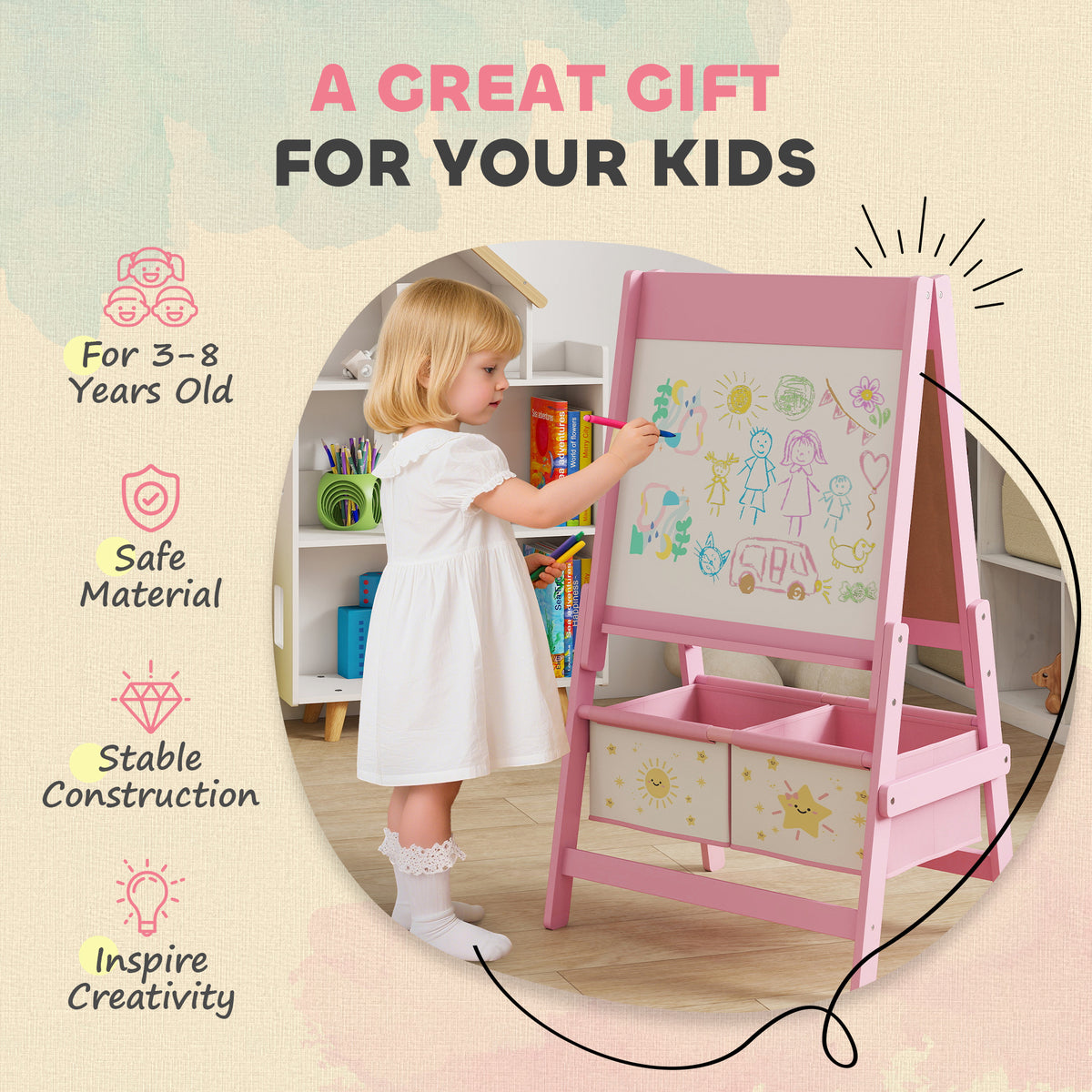 Qaba Kids 3-in-1 Art Easel - Double-Sided Pink Pine Wood-Toys & Games > Toddler & Kids Furniture-DECOROLALA