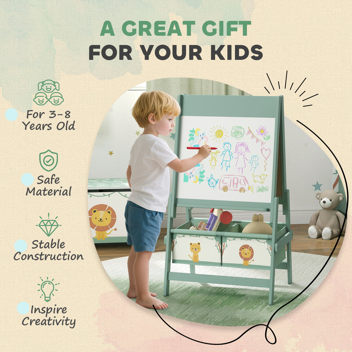Qaba Kids Art Easel - Double-Sided Whiteboard & Chalkboard Green-Toys & Games > Toddler & Kids Furniture-DECOROLALA