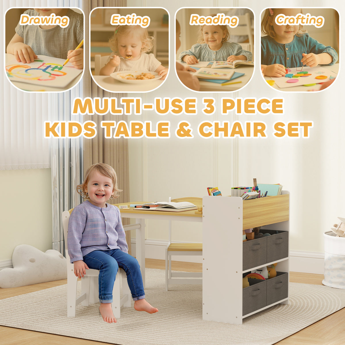 Qaba Kids Art Table and 2 Chairs Set with Storage - Natural Wood-Toys & Games > Toddler & Kids Furniture > Kids Table Sets-DECOROLALA