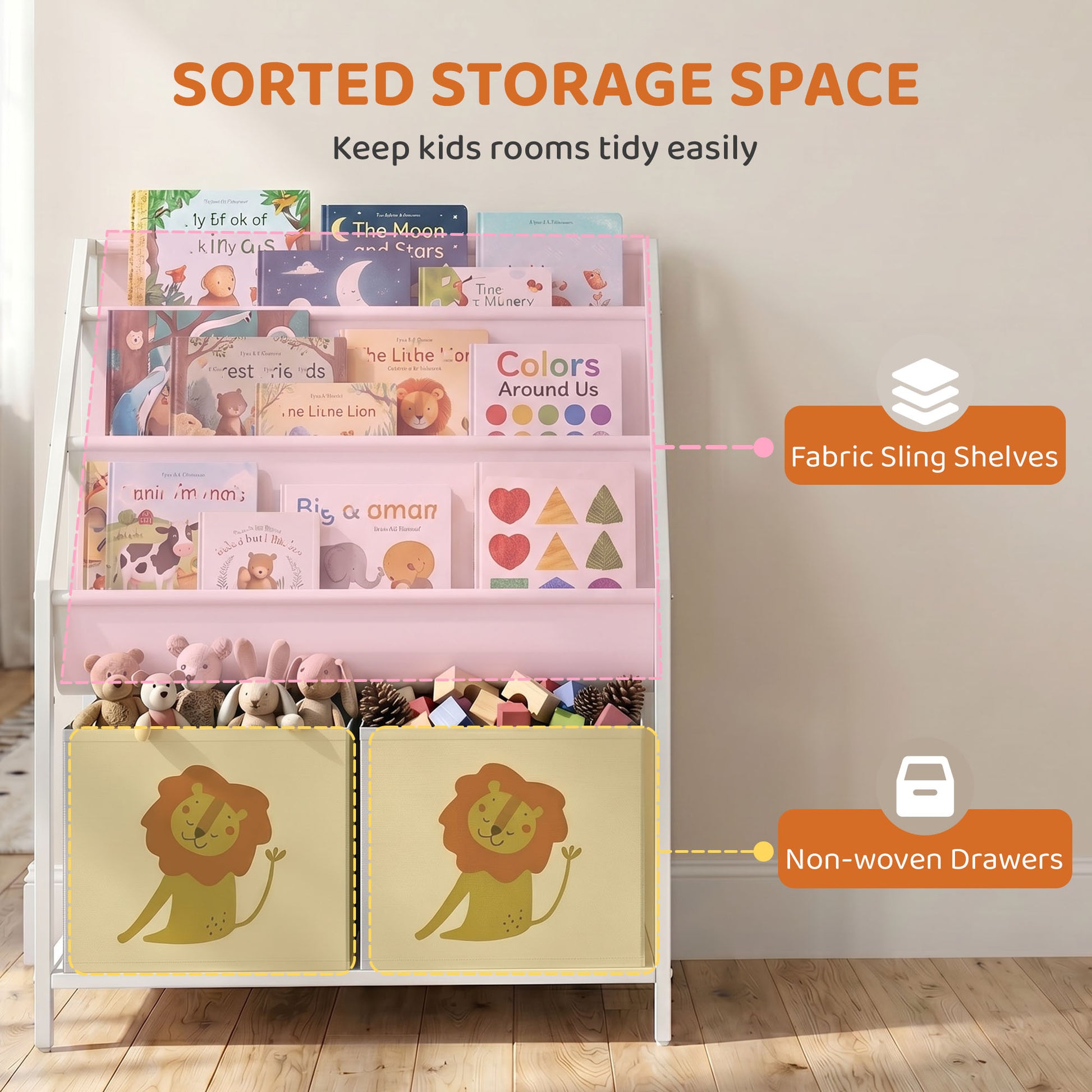 Qaba Kids Bookshelf, 3-Tier Sling Bookshelf with Toy Storage, Montessori Toy Organizer with Non-Woven Drawers for Kids Room-Toys & Games > Toddler & Kids Furniture > Baby & Kids Storage-DECOROLALA