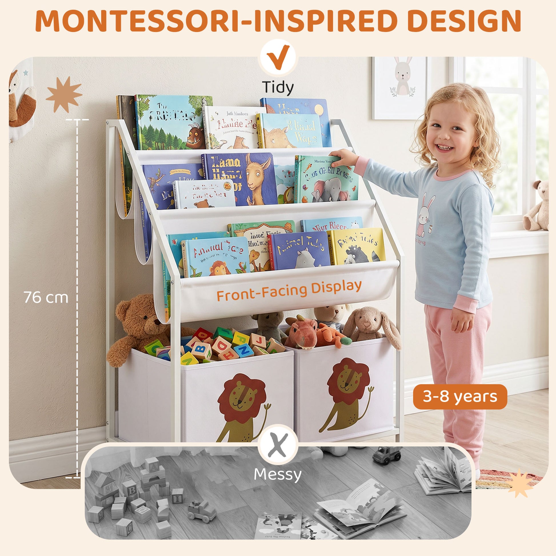 Qaba Kids Bookshelf, 3-Tier Sling Bookshelf with Toy Storage, Montessori Toy Organizer with Non-Woven Drawers for Kids Room-Toys & Games > Toddler & Kids Furniture > Baby & Kids Storage-DECOROLALA