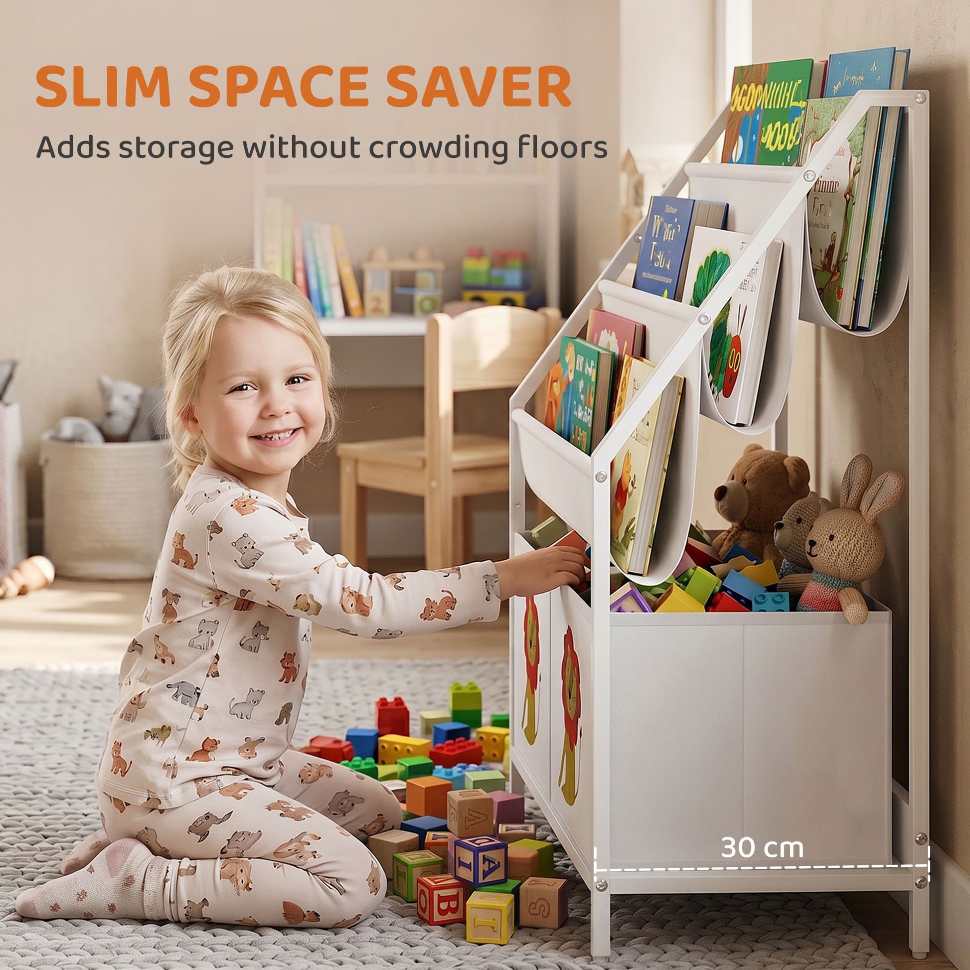 Qaba Kids Bookshelf, 3-Tier Sling Bookshelf with Toy Storage, Montessori Toy Organizer with Non-Woven Drawers for Kids Room-Toys & Games > Toddler & Kids Furniture > Baby & Kids Storage-DECOROLALA