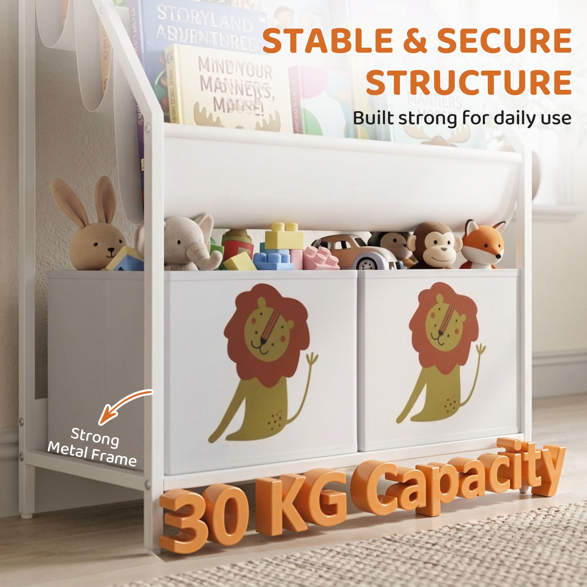 Qaba Kids Bookshelf, 3-Tier Sling Bookshelf with Toy Storage, Montessori Toy Organizer with Non-Woven Drawers for Kids Room-Toys & Games > Toddler & Kids Furniture > Baby & Kids Storage-DECOROLALA