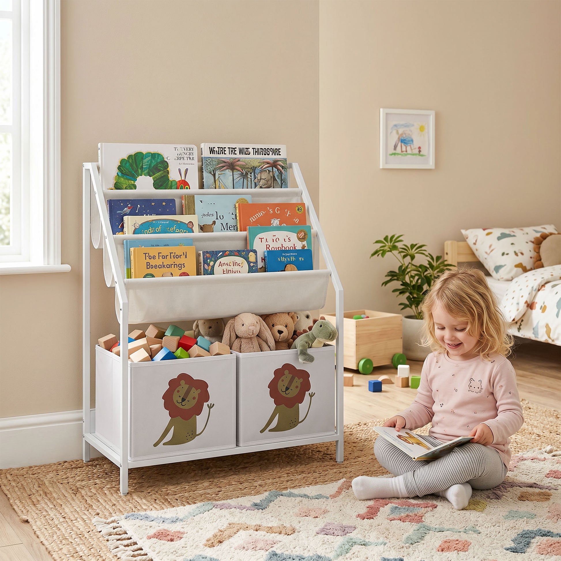 Qaba Kids Bookshelf, 3-Tier Sling Bookshelf with Toy Storage, Montessori Toy Organizer with Non-Woven Drawers for Kids Room-Toys & Games > Toddler & Kids Furniture > Baby & Kids Storage-DECOROLALA