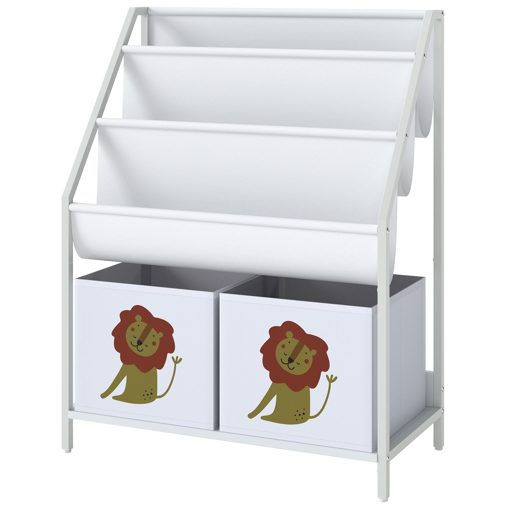 Qaba Kids Bookshelf, 3-Tier Sling Bookshelf with Toy Storage, Montessori Toy Organizer with Non-Woven Drawers for Kids Room-Toys & Games > Toddler & Kids Furniture > Baby & Kids Storage-DECOROLALA