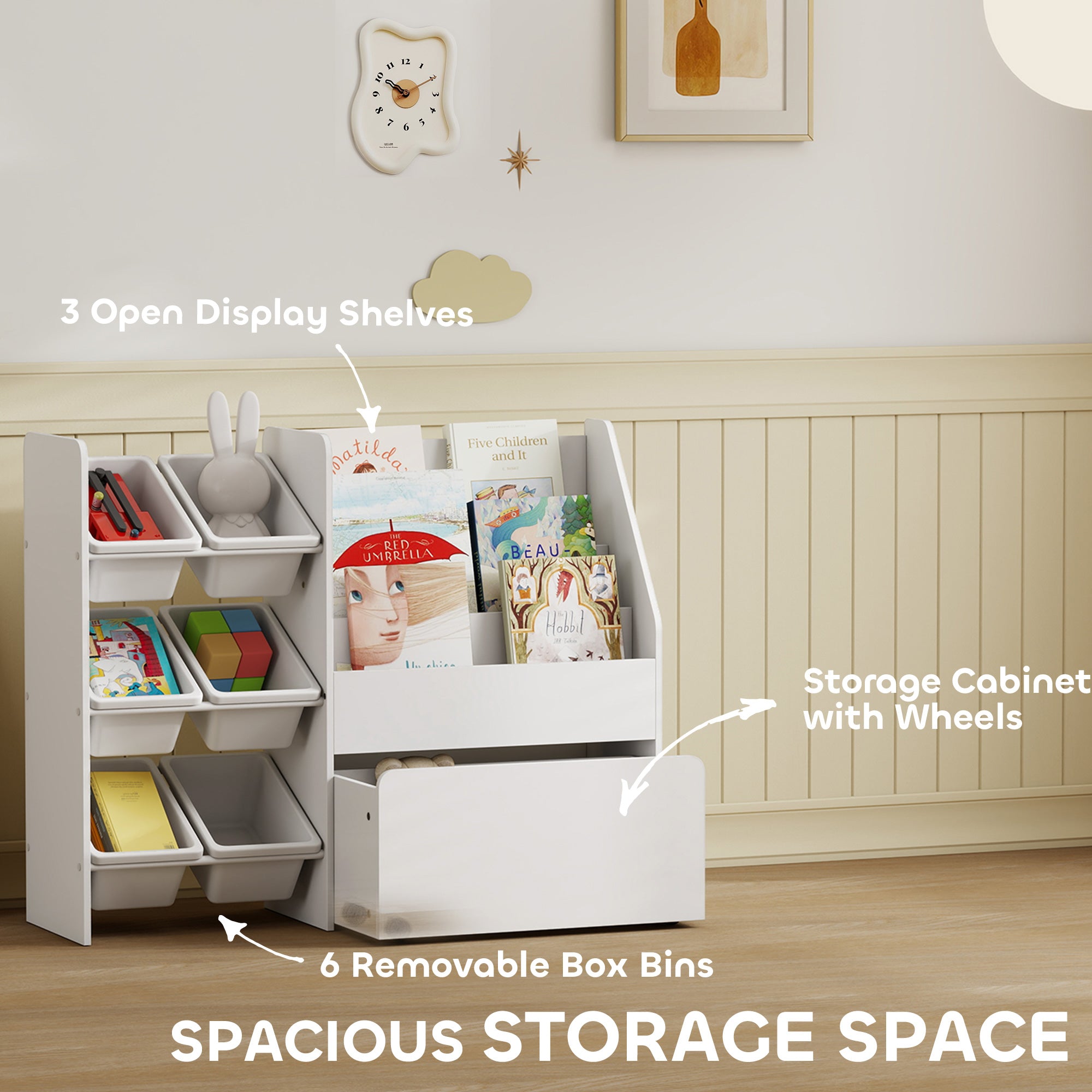 Qaba Kids Bookshelf and Toy Storage, 3-Tier Bookcase with 6 Removable Bins and Box for Toddler Nursery Playroom, White-Toys & Games > Toddler & Kids Furniture > Baby & Kids Storage-DECOROLALA