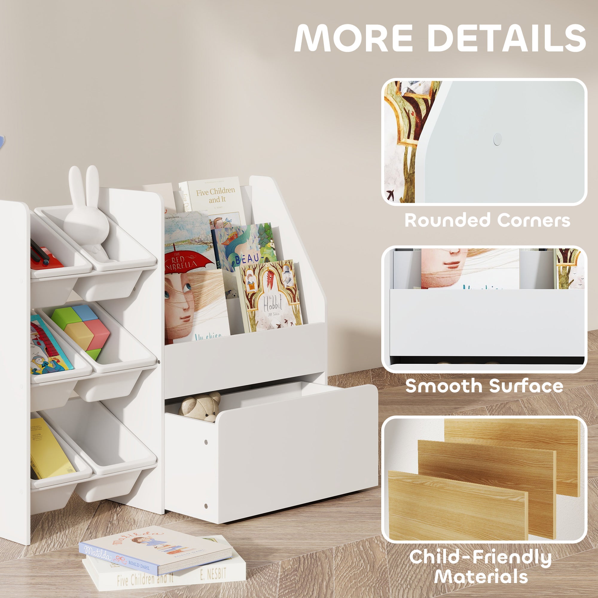Qaba Kids Bookshelf and Toy Storage, 3-Tier Bookcase with 6 Removable Bins and Box for Toddler Nursery Playroom, White-Toys & Games > Toddler & Kids Furniture > Baby & Kids Storage-DECOROLALA