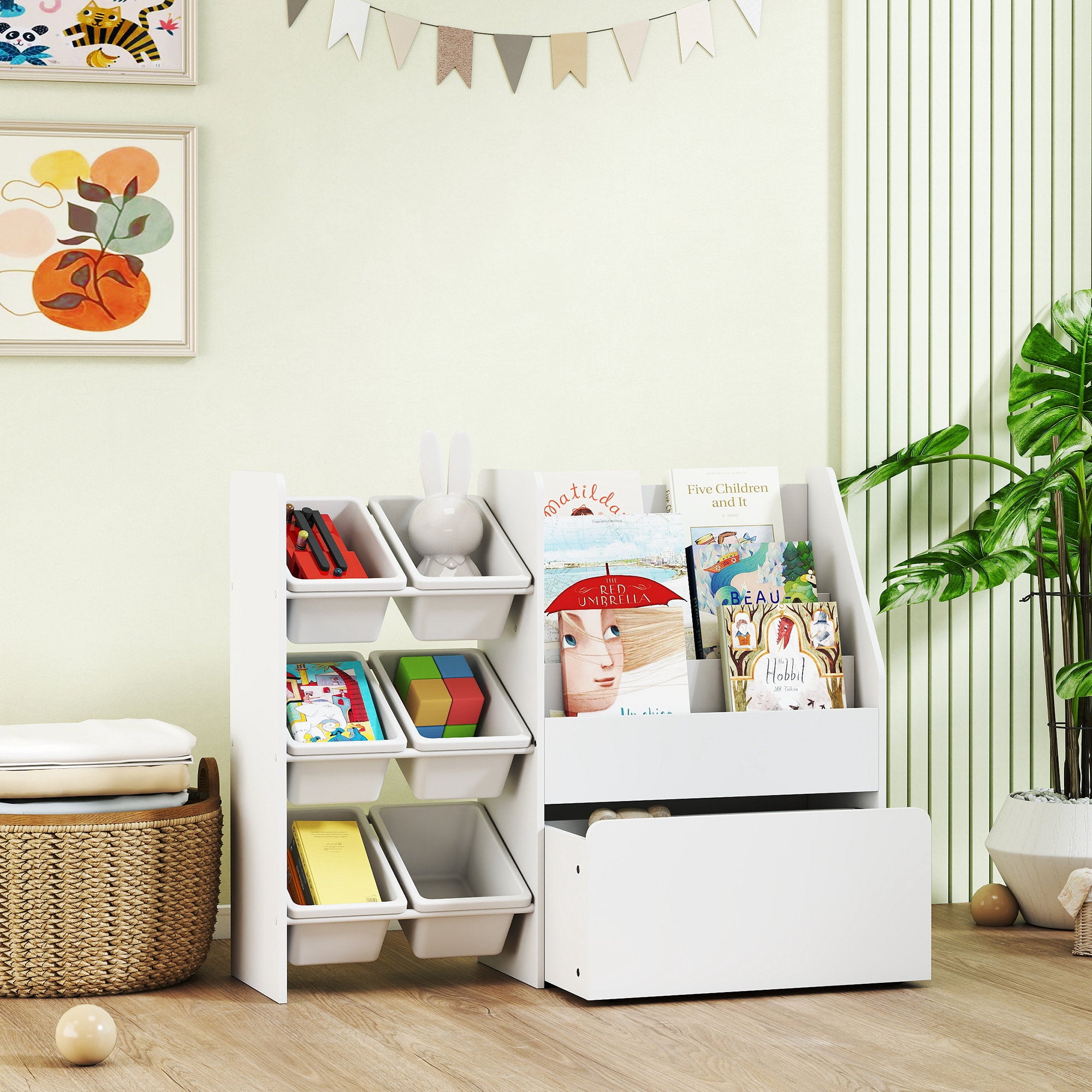 Qaba Kids Bookshelf and Toy Storage, 3-Tier Bookcase with 6 Removable Bins and Box for Toddler Nursery Playroom, White-Toys & Games > Toddler & Kids Furniture > Baby & Kids Storage-DECOROLALA