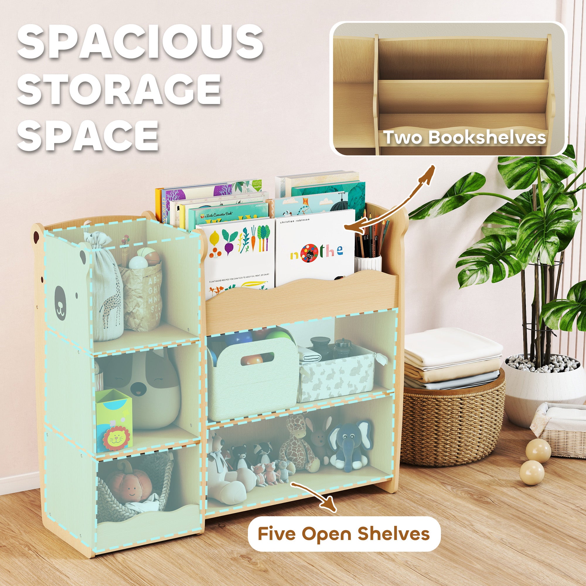 Qaba Kids Bookshelf and Toy Storage Organizer, 3 Tier Montessori Toy Organizer with Open Display for Nursery, Natural-Toys & Games > Toddler & Kids Furniture > Baby & Kids Storage-DECOROLALA