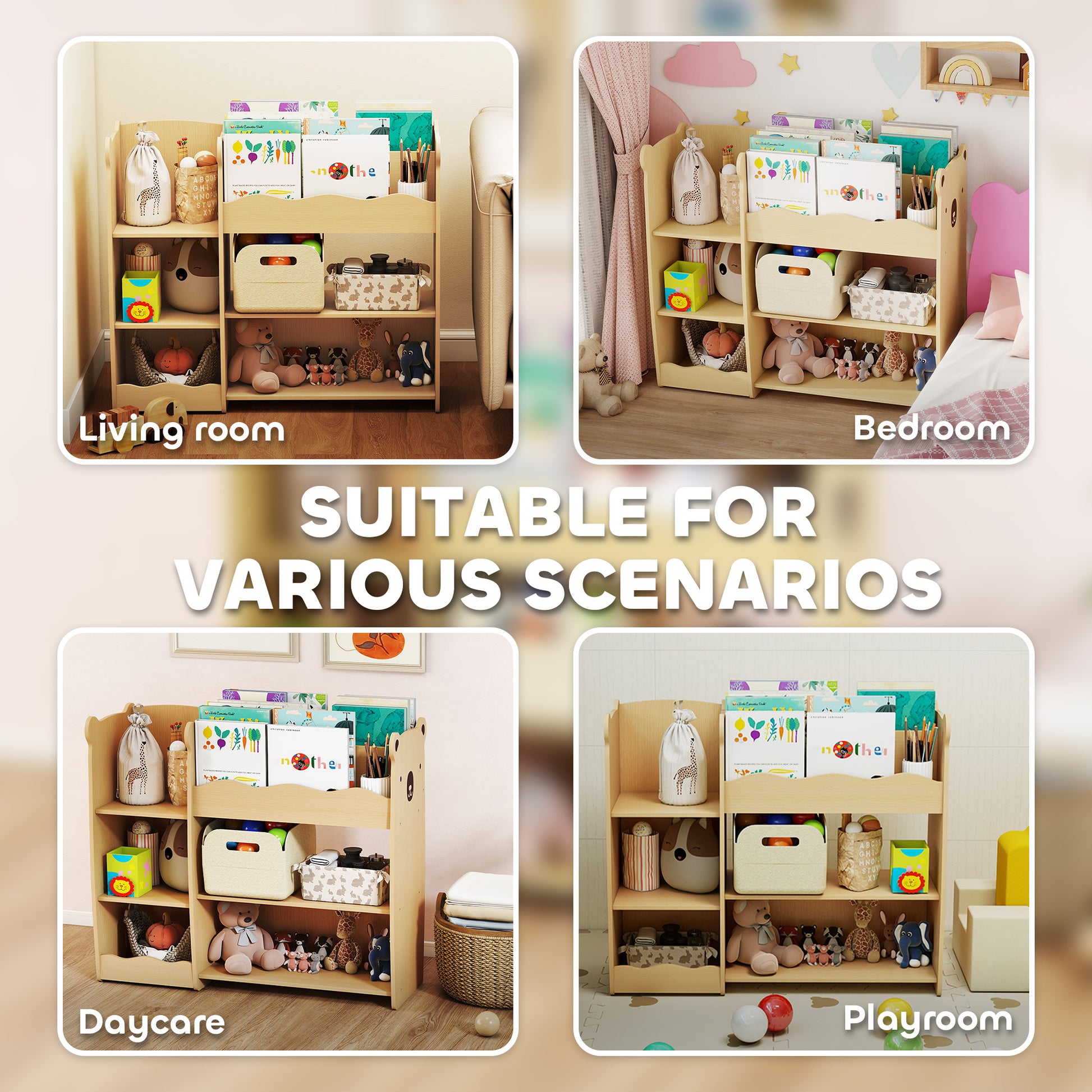 Qaba Kids Bookshelf and Toy Storage Organizer, 3 Tier Montessori Toy Organizer with Open Display for Nursery, Natural-Toys & Games > Toddler & Kids Furniture > Baby & Kids Storage-DECOROLALA