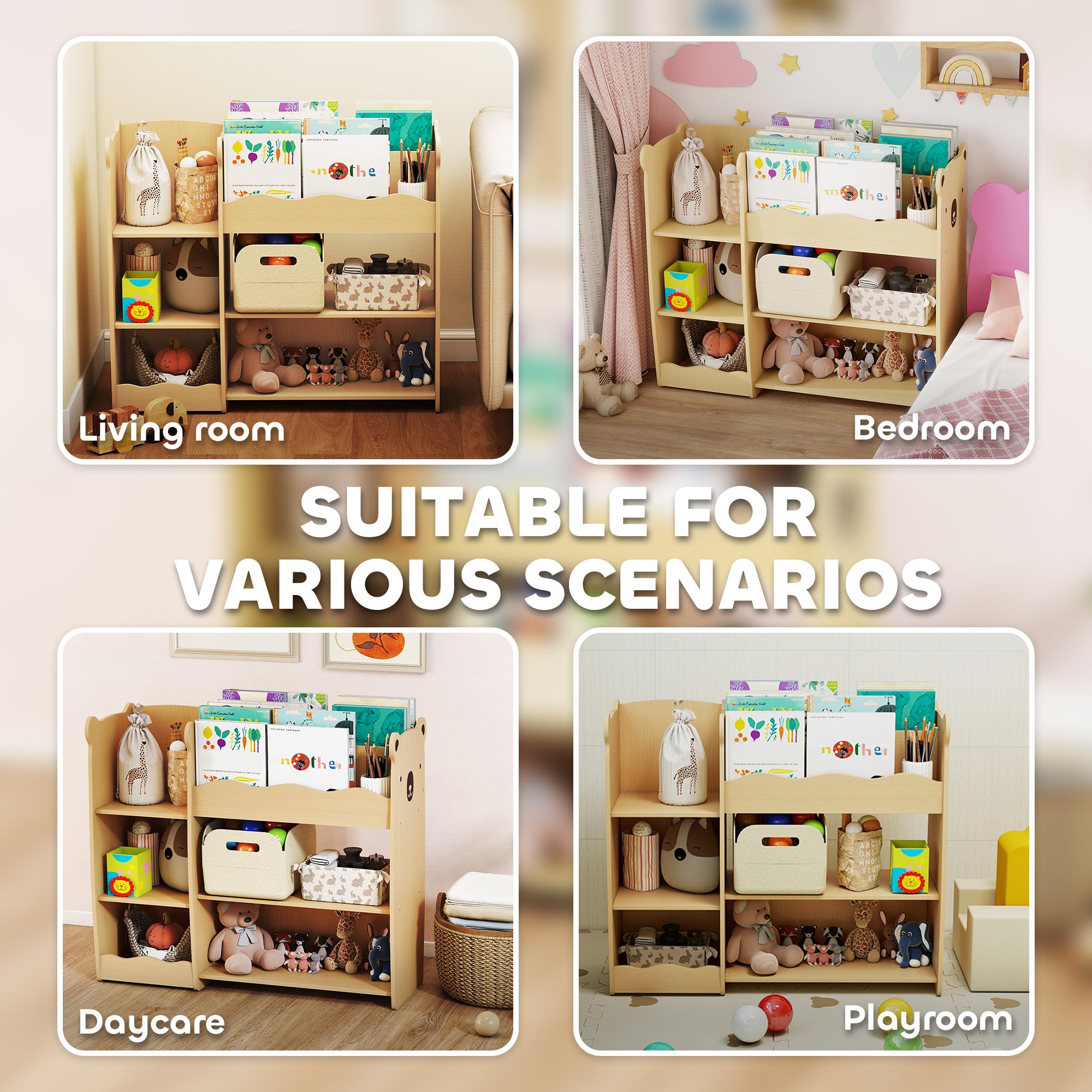 Qaba Kids Bookshelf and Toy Storage Organizer, 3 Tier Montessori Toy Organizer with Open Display for Nursery, Natural-Toys & Games > Toddler & Kids Furniture > Baby & Kids Storage-DECOROLALA
