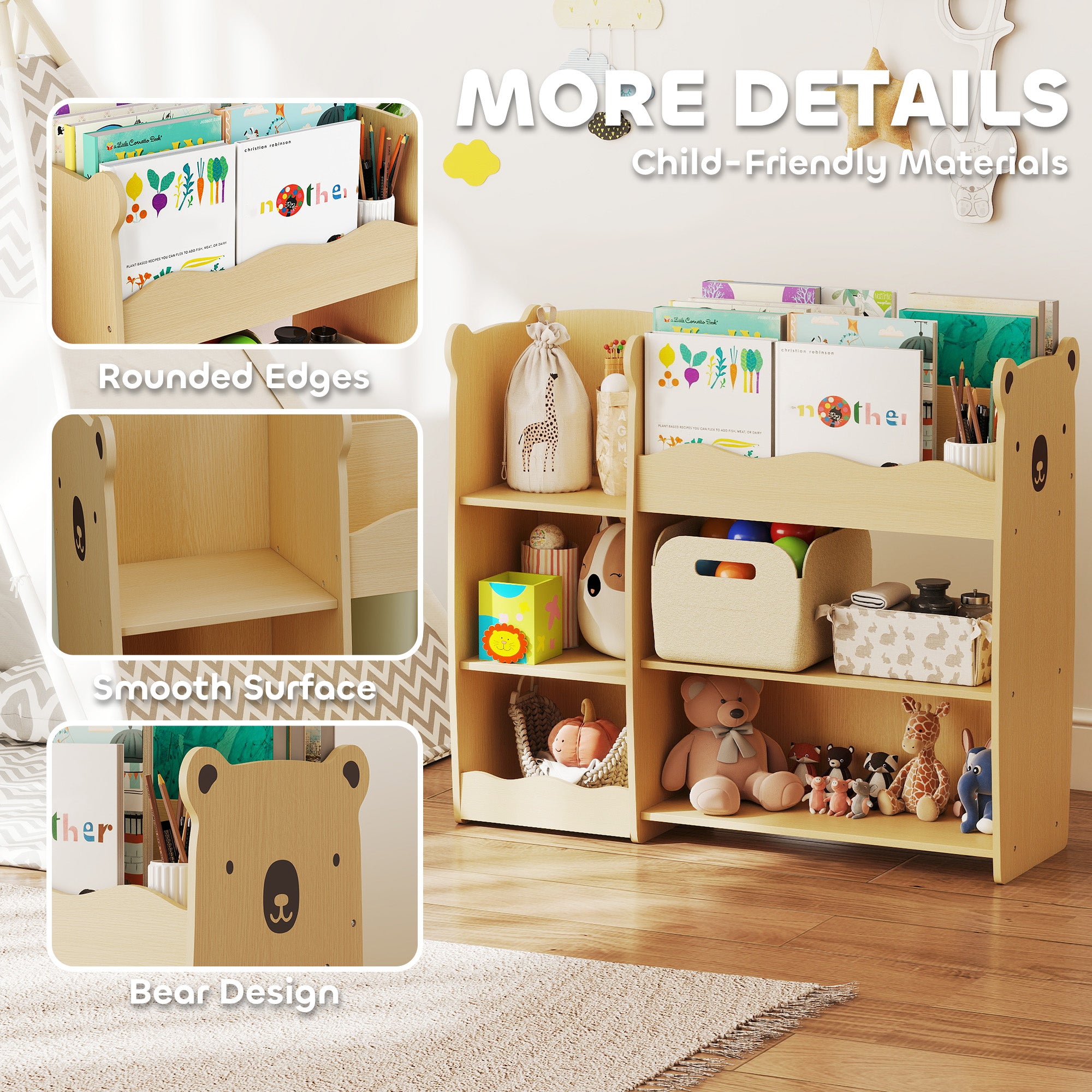 Qaba Kids Bookshelf and Toy Storage Organizer, 3 Tier Montessori Toy Organizer with Open Display for Nursery, Natural-Toys & Games > Toddler & Kids Furniture > Baby & Kids Storage-DECOROLALA
