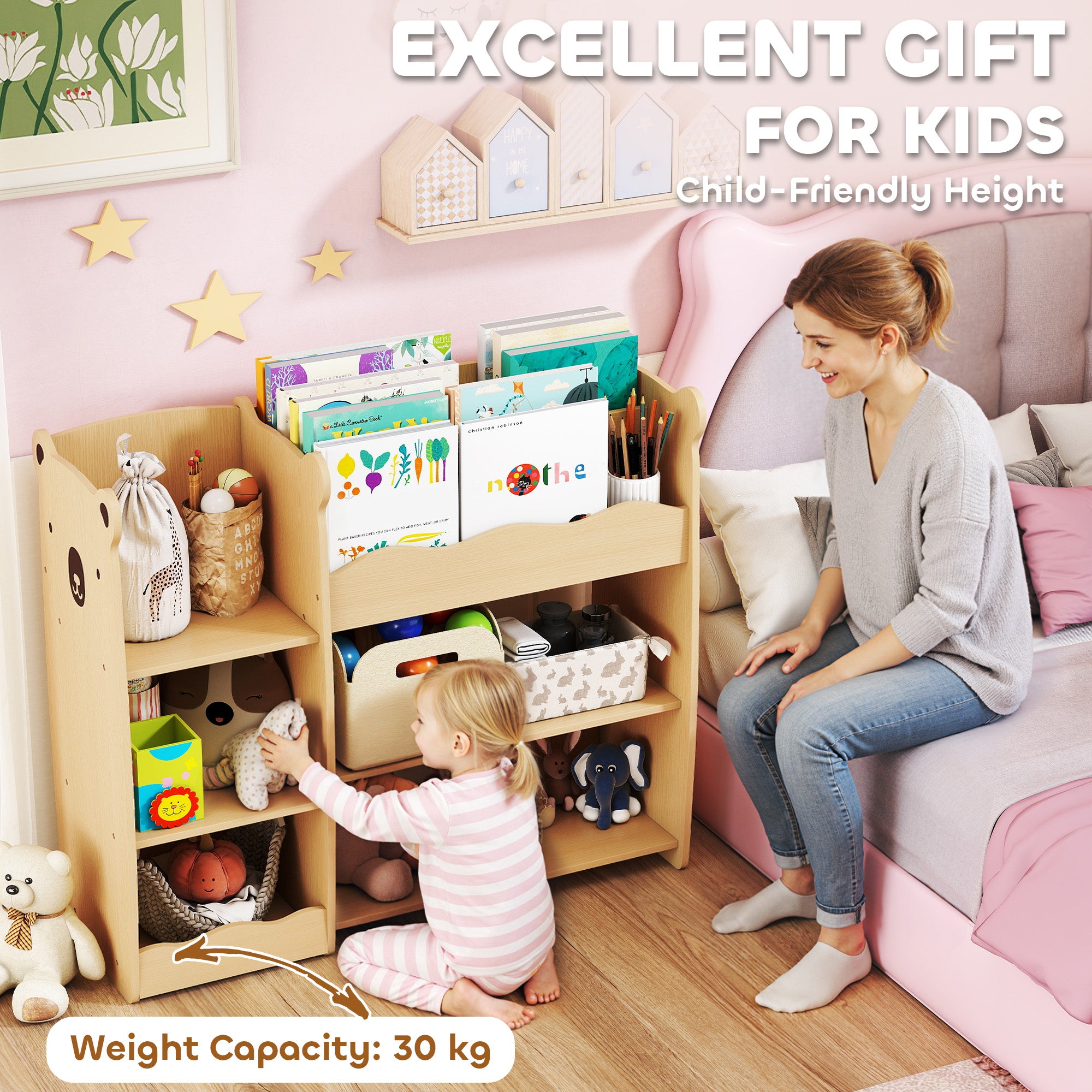 Qaba Kids Bookshelf and Toy Storage Organizer, 3 Tier Montessori Toy Organizer with Open Display for Nursery, Natural-Toys & Games > Toddler & Kids Furniture > Baby & Kids Storage-DECOROLALA