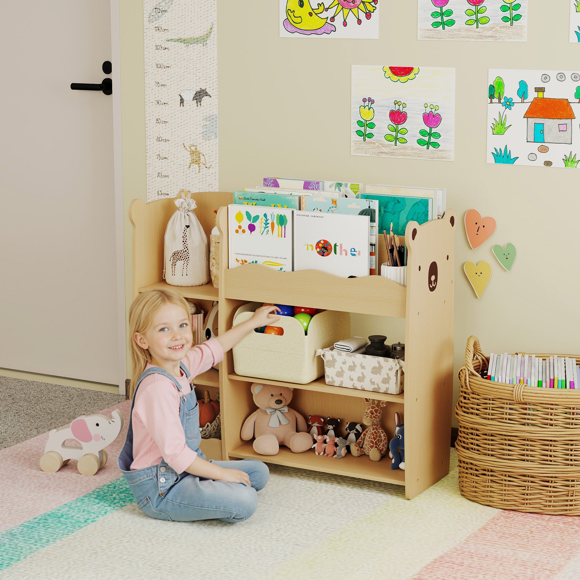 Qaba Kids Bookshelf and Toy Storage Organizer, 3 Tier Montessori Toy Organizer with Open Display for Nursery, Natural-Toys & Games > Toddler & Kids Furniture > Baby & Kids Storage-DECOROLALA