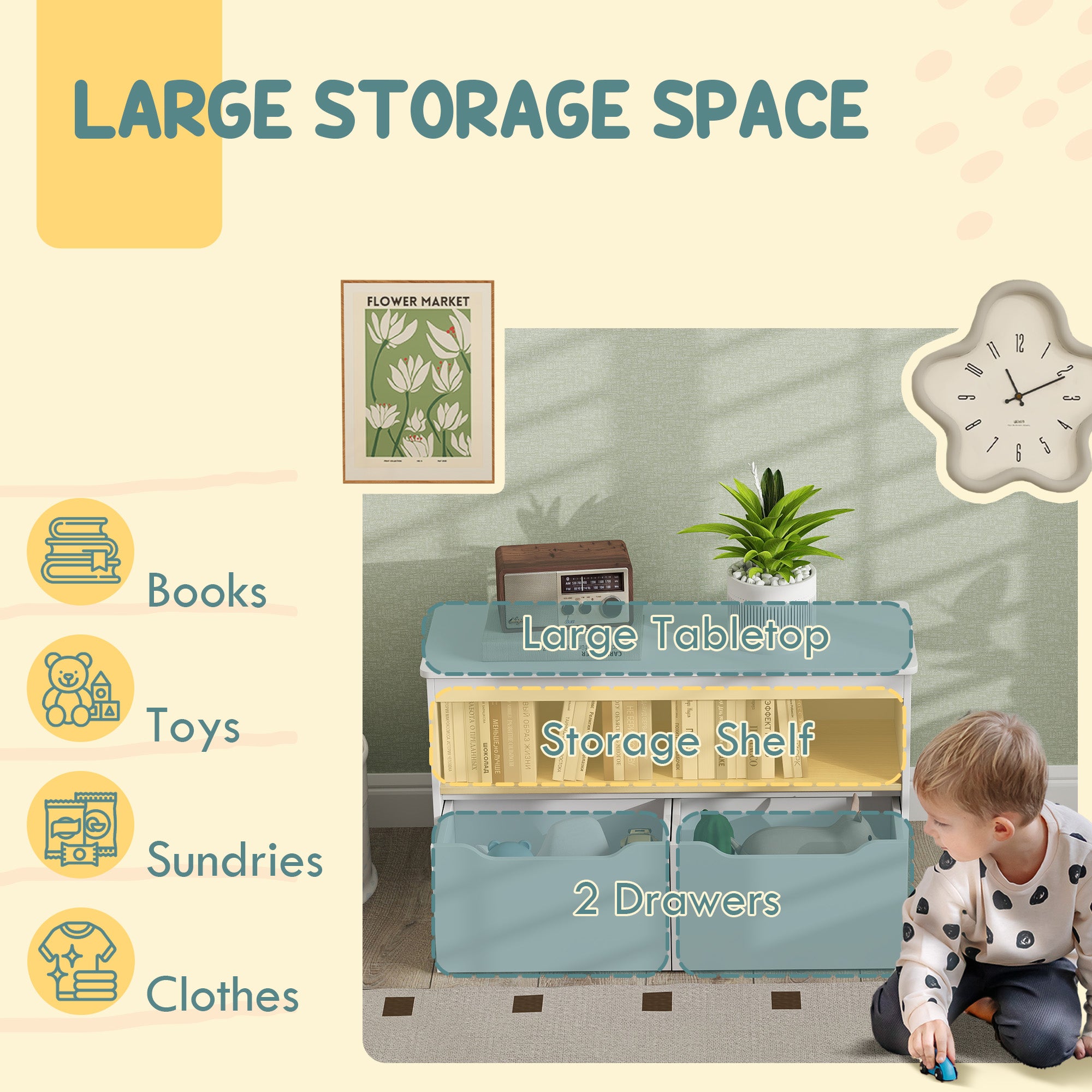 Qaba Kids Bookshelf with 2 Drawers, Large Tabletop, Shelf, for Nursery, Kids Room, Bedroom, Living Room, White-Toys & Games > Toddler & Kids Furniture > Baby & Kids Storage-DECOROLALA
