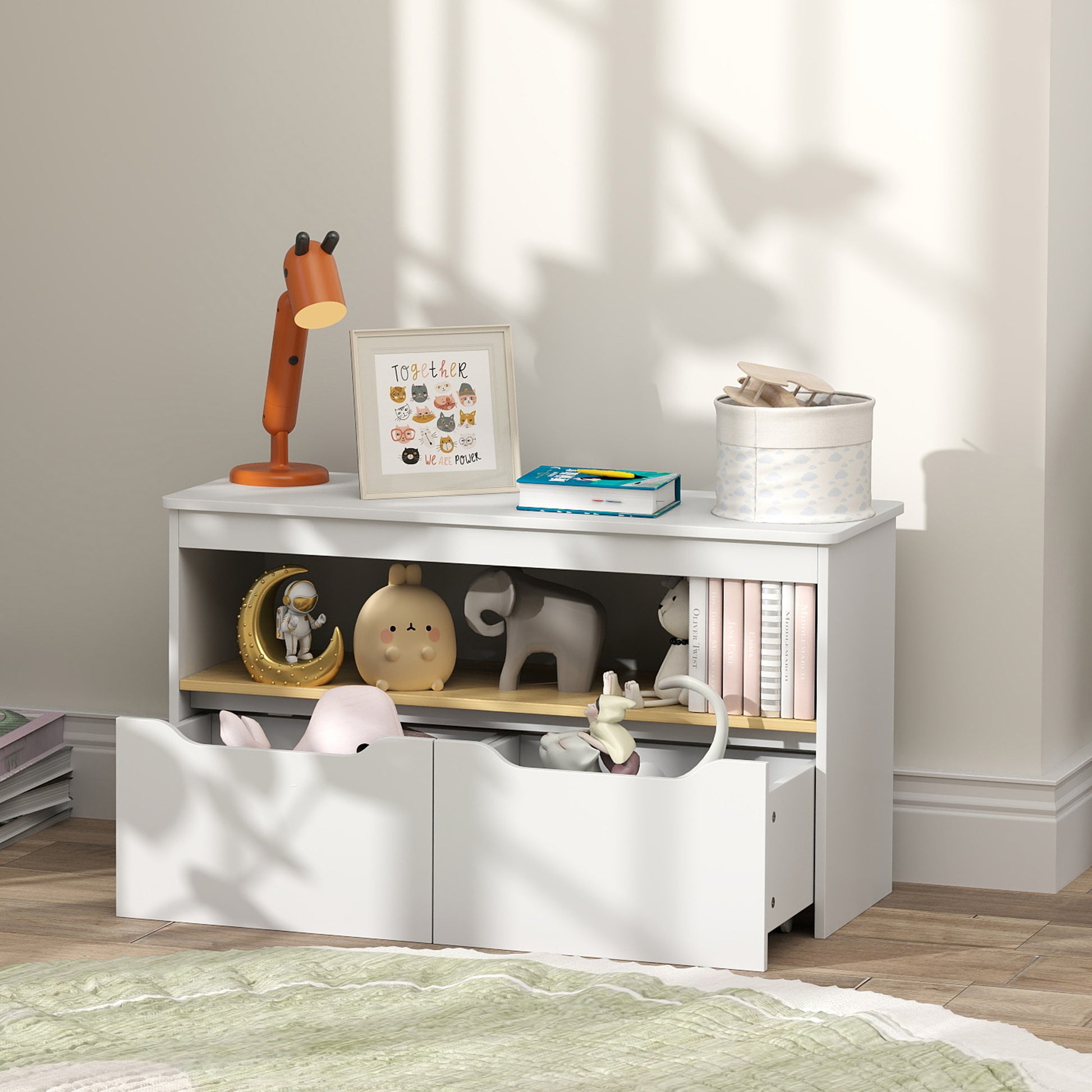 Qaba Kids Bookshelf with 2 Drawers, Large Tabletop, Shelf, for Nursery, Kids Room, Bedroom, Living Room, White-Toys & Games > Toddler & Kids Furniture > Baby & Kids Storage-DECOROLALA