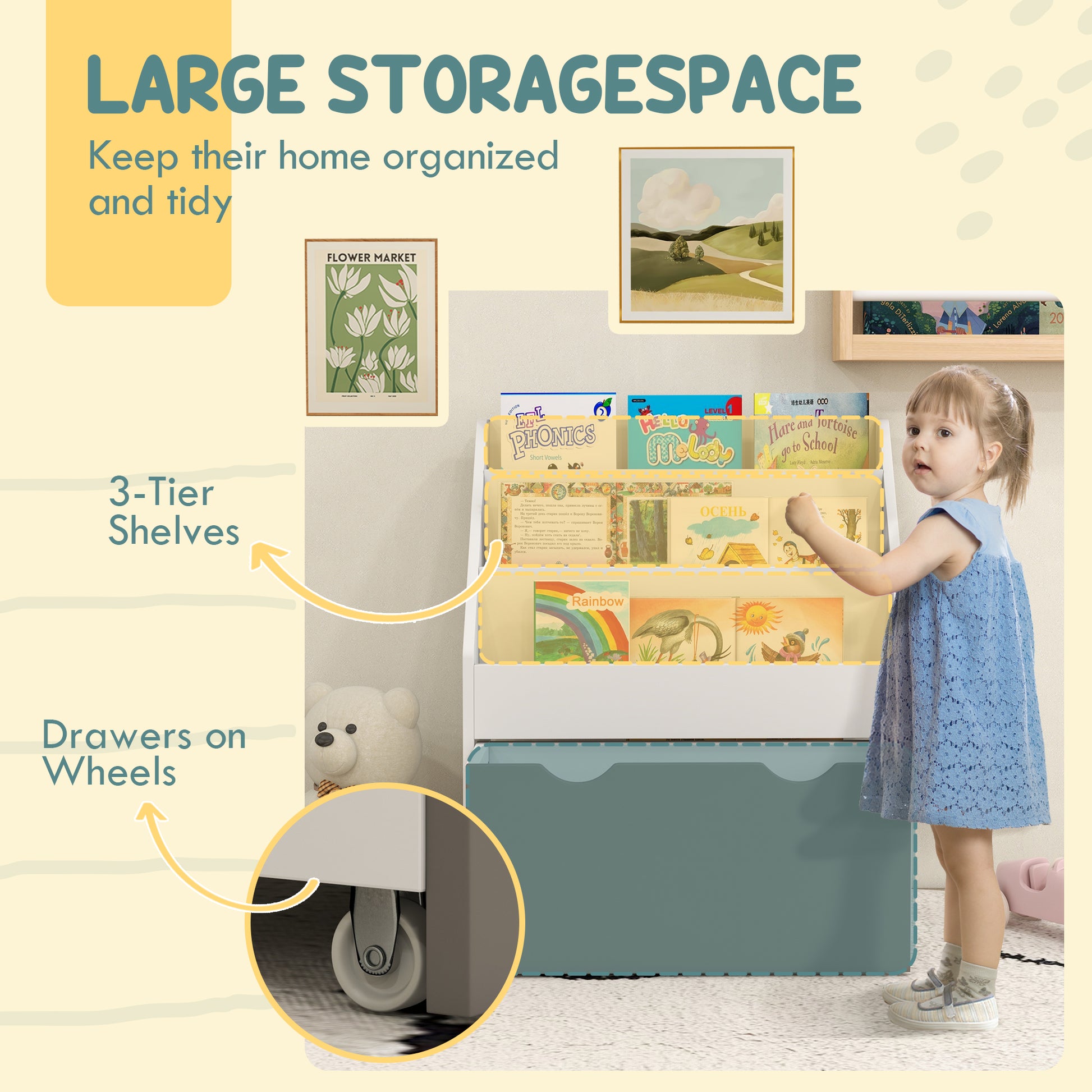 Qaba Kids Bookshelf with 3 Tier Display Shelves, Drawer for Nursery, Grey-Toys & Games > Toddler & Kids Furniture > Baby & Kids Storage-DECOROLALA