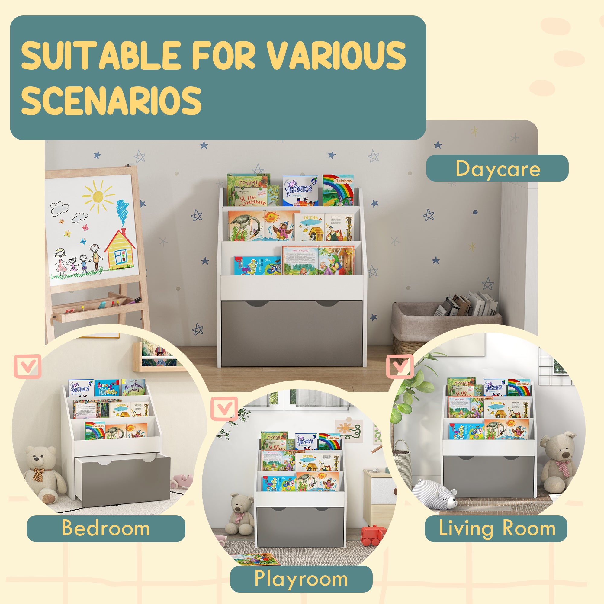 Qaba Kids Bookshelf with 3 Tier Display Shelves, Drawer for Nursery, Grey-Toys & Games > Toddler & Kids Furniture > Baby & Kids Storage-DECOROLALA