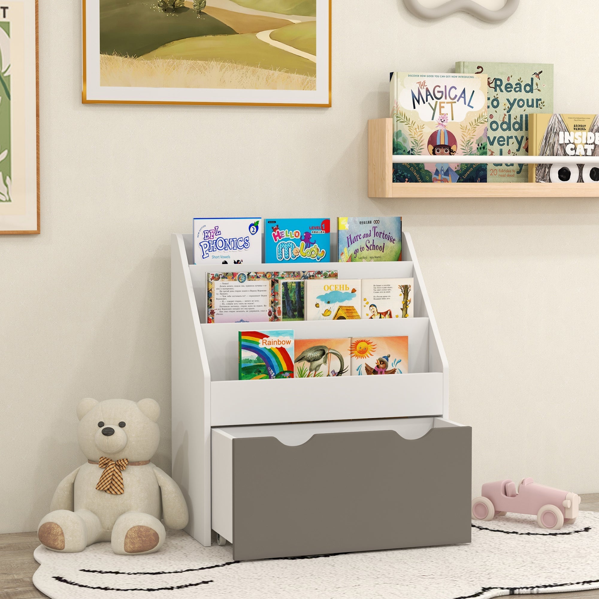 Qaba Kids Bookshelf with 3 Tier Display Shelves, Drawer for Nursery, Grey-Toys & Games > Toddler & Kids Furniture > Baby & Kids Storage-DECOROLALA