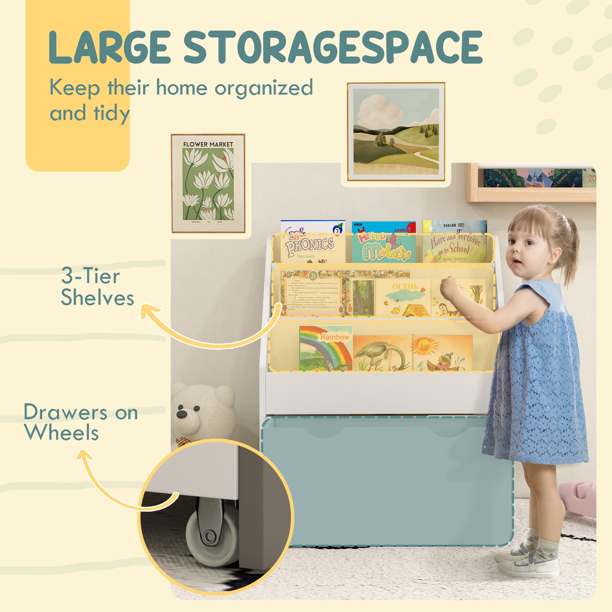 Qaba Kids Bookshelf with 3 Tier Display Shelves, Drawer for Nursery, White-Toys & Games > Toddler & Kids Furniture > Baby & Kids Storage-DECOROLALA