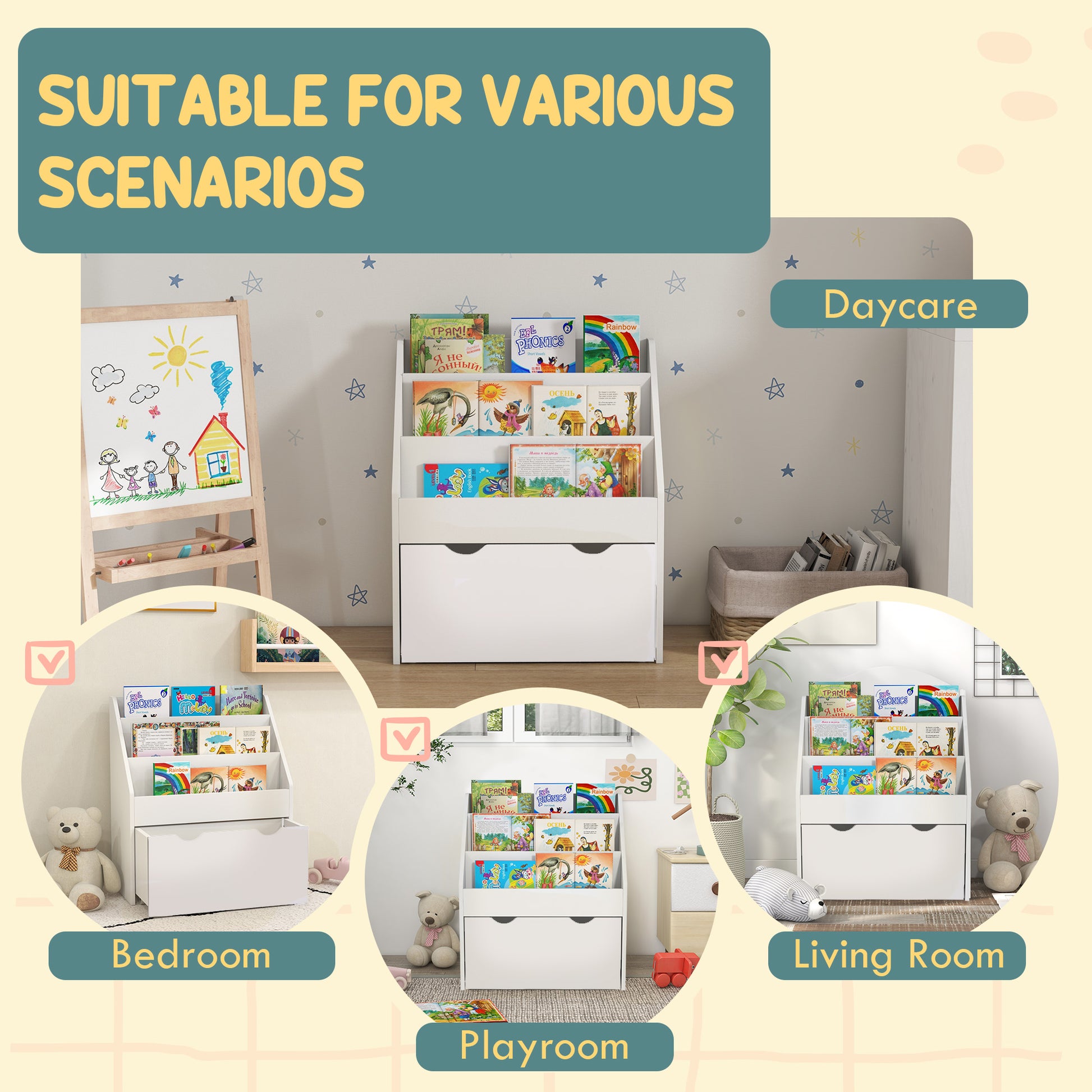 Qaba Kids Bookshelf with 3 Tier Display Shelves, Drawer for Nursery, White-Toys & Games > Toddler & Kids Furniture > Baby & Kids Storage-DECOROLALA