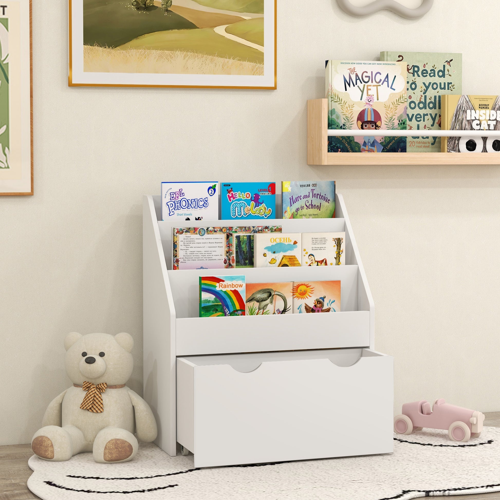 Qaba Kids Bookshelf with 3 Tier Display Shelves, Drawer for Nursery, White-Toys & Games > Toddler & Kids Furniture > Baby & Kids Storage-DECOROLALA