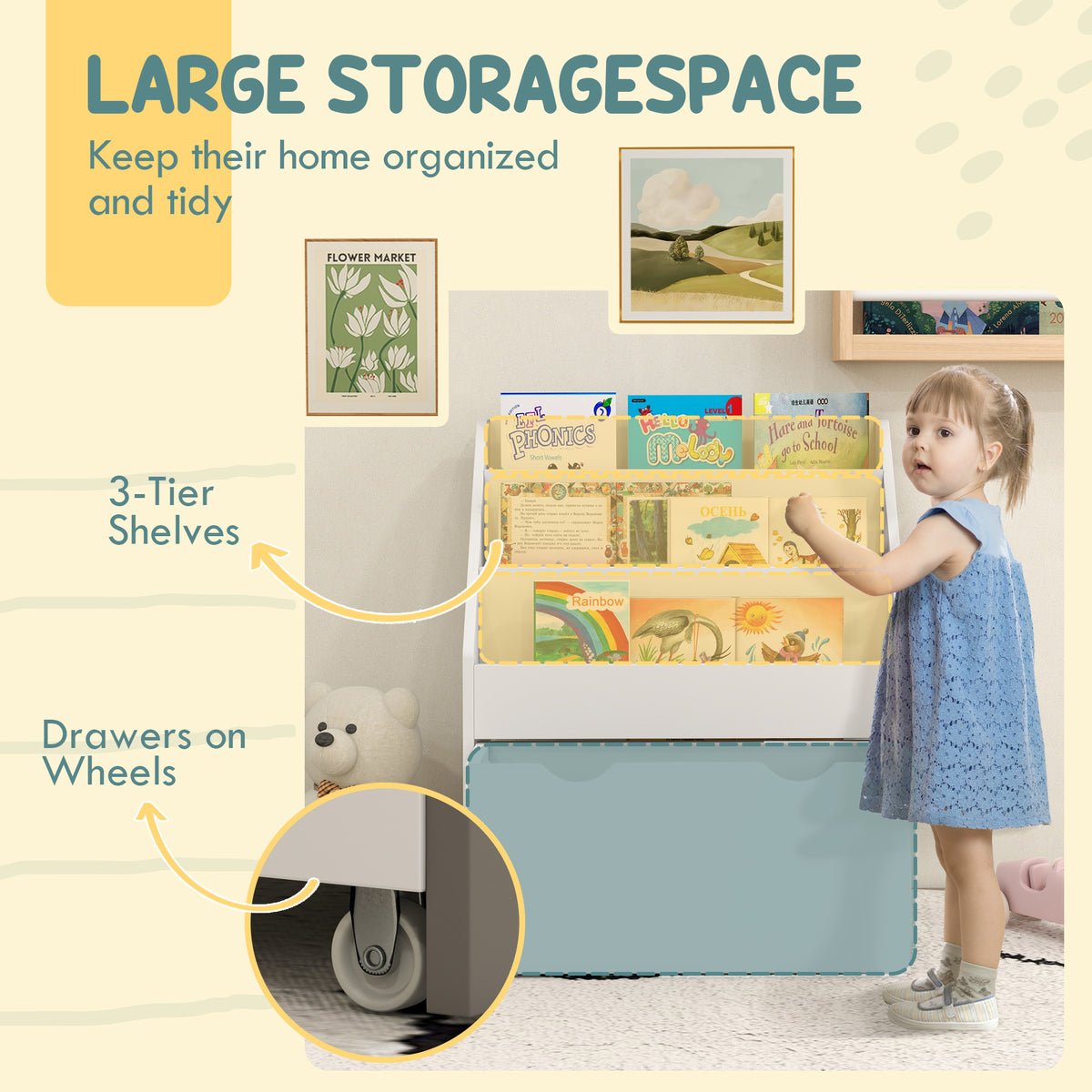 Qaba Kids Bookshelf with 3 Tier Shelves and Drawer - White-Toys & Games > Toddler & Kids Furniture > Baby & Kids Storage-DECOROLALA