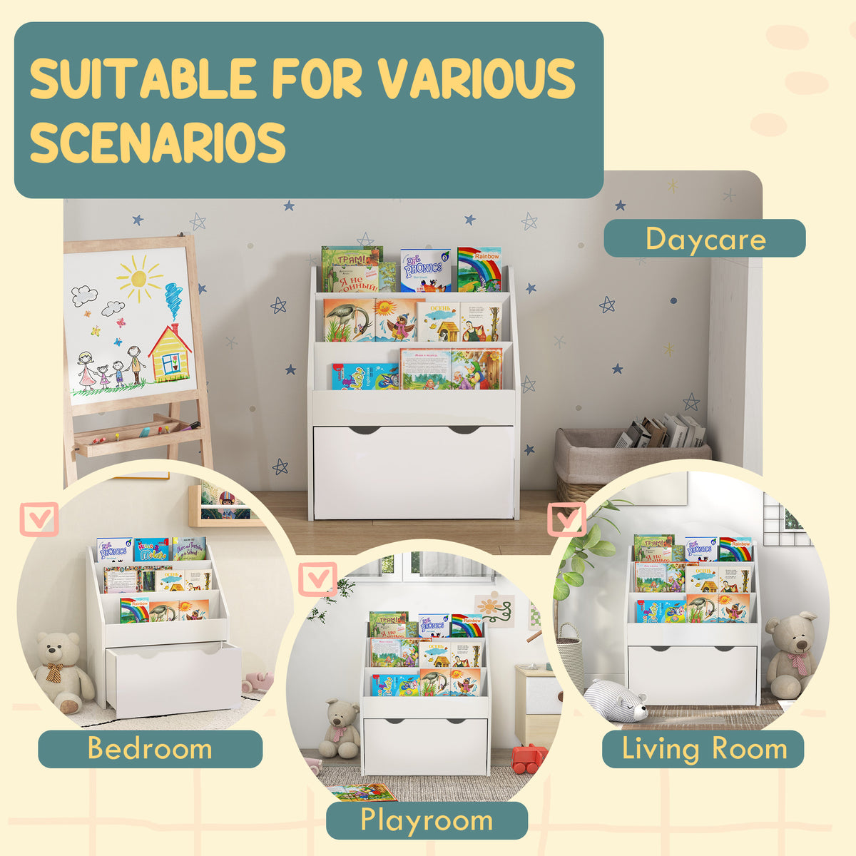 Qaba Kids Bookshelf with 3 Tier Shelves and Drawer - White-Toys & Games > Toddler & Kids Furniture > Baby & Kids Storage-DECOROLALA
