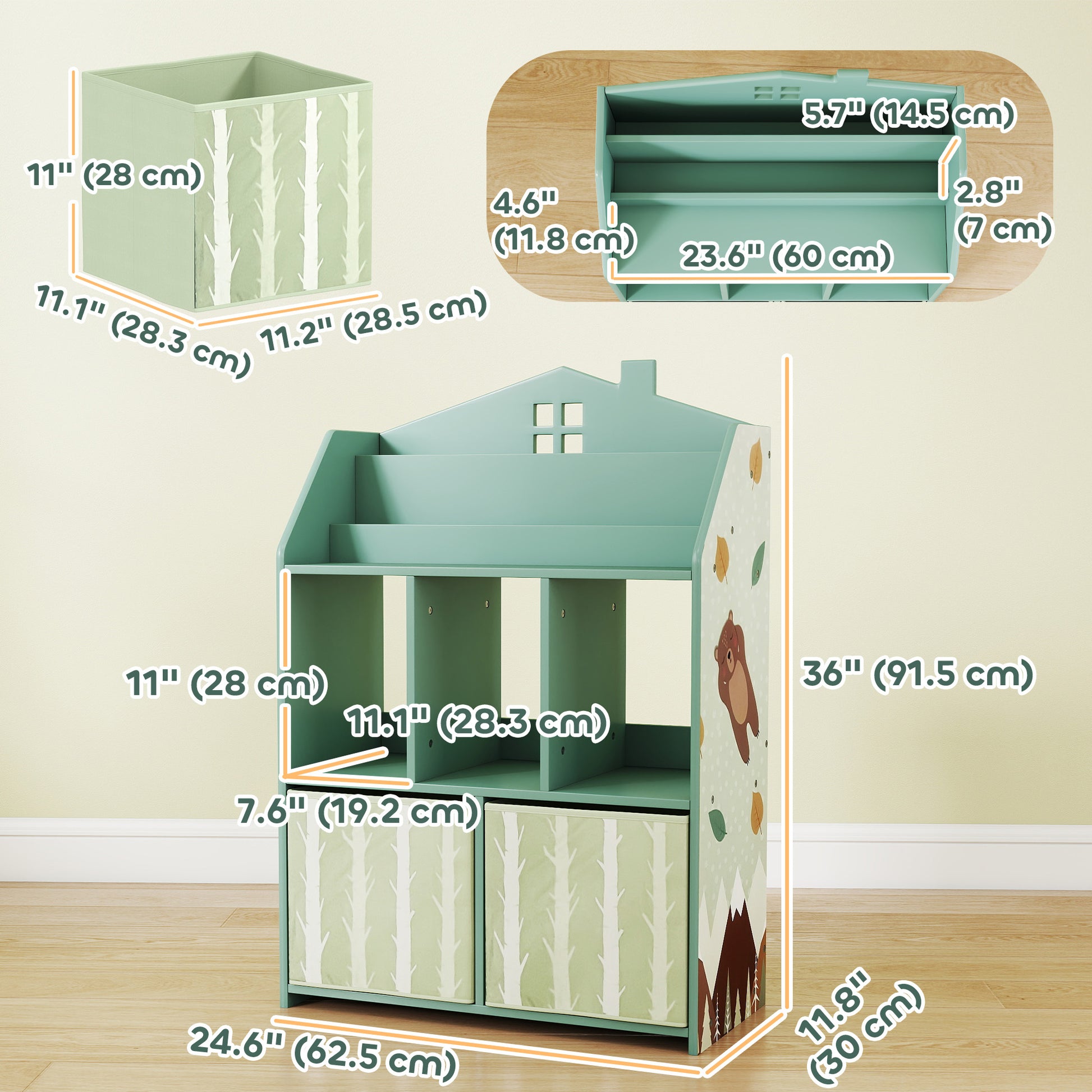 Qaba Kids Bookshelf with Storage, Toy Storage Unit with Book Display, Shelves and Fabric Drawers for Playroom Nursery, Green-Toys & Games > Toddler & Kids Furniture > Baby & Kids Storage-DECOROLALA