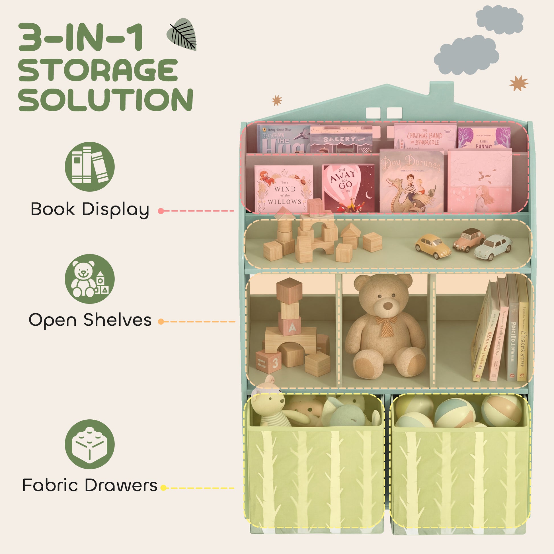 Qaba Kids Bookshelf with Storage, Toy Storage Unit with Book Display, Shelves and Fabric Drawers for Playroom Nursery, Green-Toys & Games > Toddler & Kids Furniture > Baby & Kids Storage-DECOROLALA