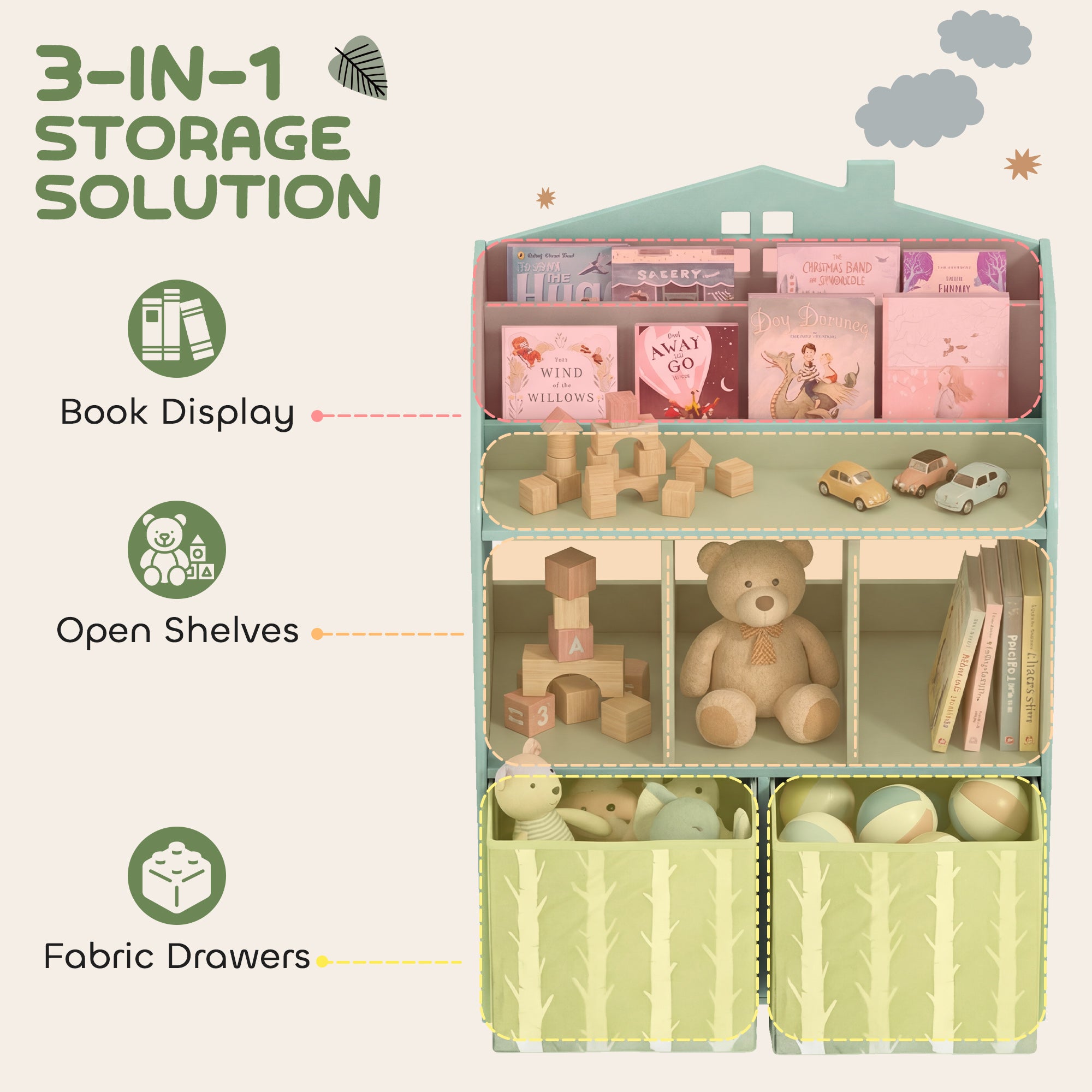 Qaba Kids Bookshelf with Storage, Toy Storage Unit with Book Display, Shelves and Fabric Drawers for Playroom Nursery, Green-Toys & Games > Toddler & Kids Furniture > Baby & Kids Storage-DECOROLALA