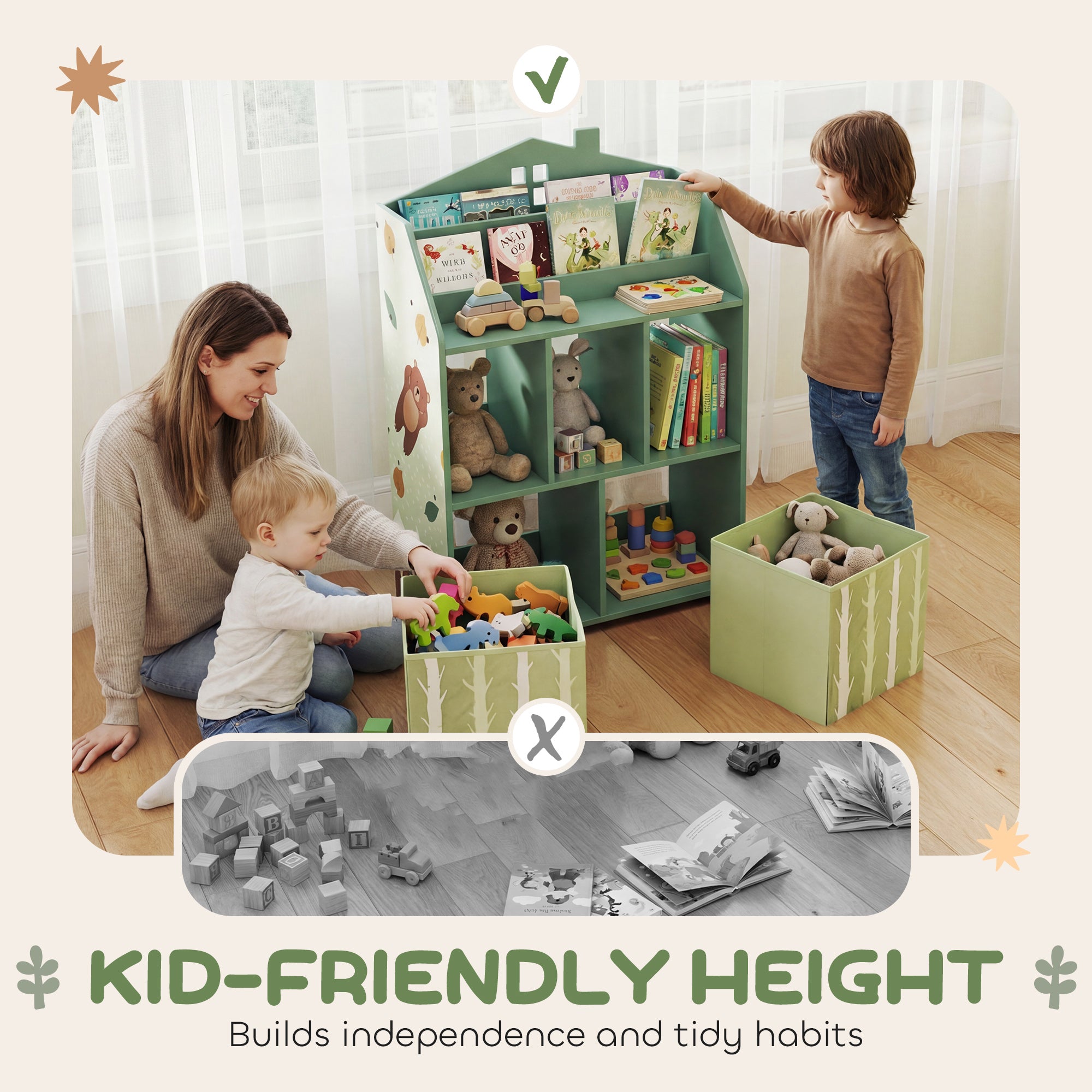 Qaba Kids Bookshelf with Storage, Toy Storage Unit with Book Display, Shelves and Fabric Drawers for Playroom Nursery, Green-Toys & Games > Toddler & Kids Furniture > Baby & Kids Storage-DECOROLALA