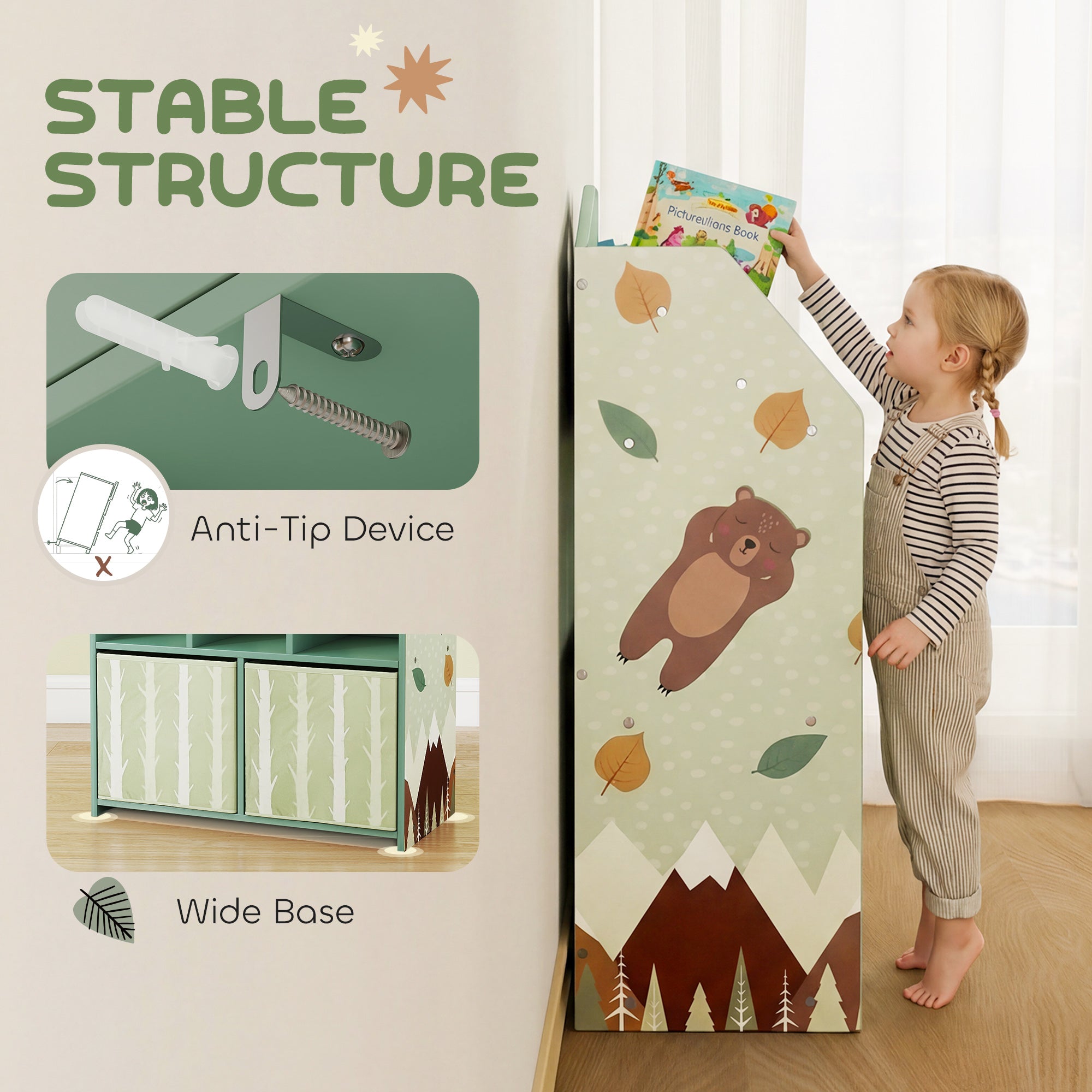 Qaba Kids Bookshelf with Storage, Toy Storage Unit with Book Display, Shelves and Fabric Drawers for Playroom Nursery, Green-Toys & Games > Toddler & Kids Furniture > Baby & Kids Storage-DECOROLALA
