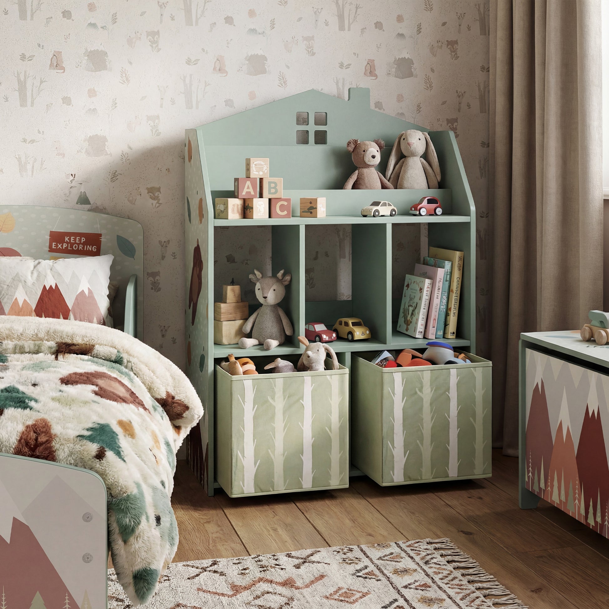 Qaba Kids Bookshelf with Storage, Toy Storage Unit with Book Display, Shelves and Fabric Drawers for Playroom Nursery, Green-Toys & Games > Toddler & Kids Furniture > Baby & Kids Storage-DECOROLALA
