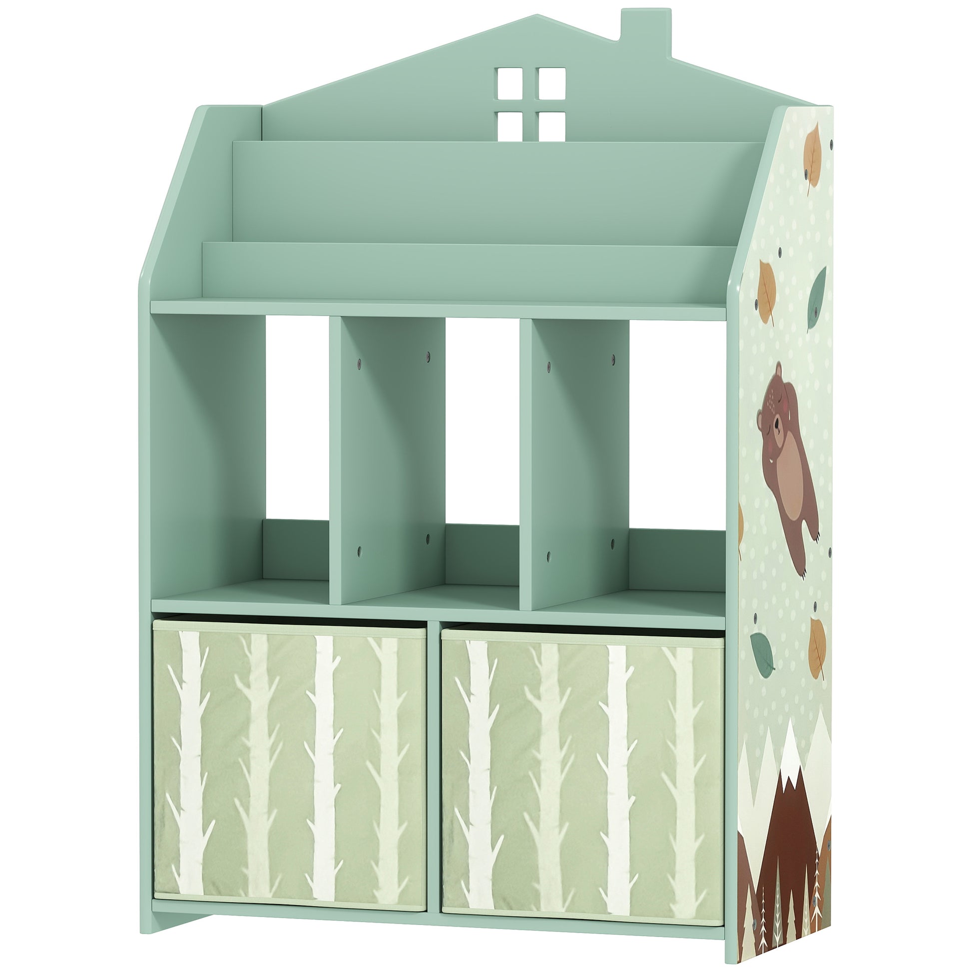 Qaba Kids Bookshelf with Storage, Toy Storage Unit with Book Display, Shelves and Fabric Drawers for Playroom Nursery, Green-Toys & Games > Toddler & Kids Furniture > Baby & Kids Storage-DECOROLALA