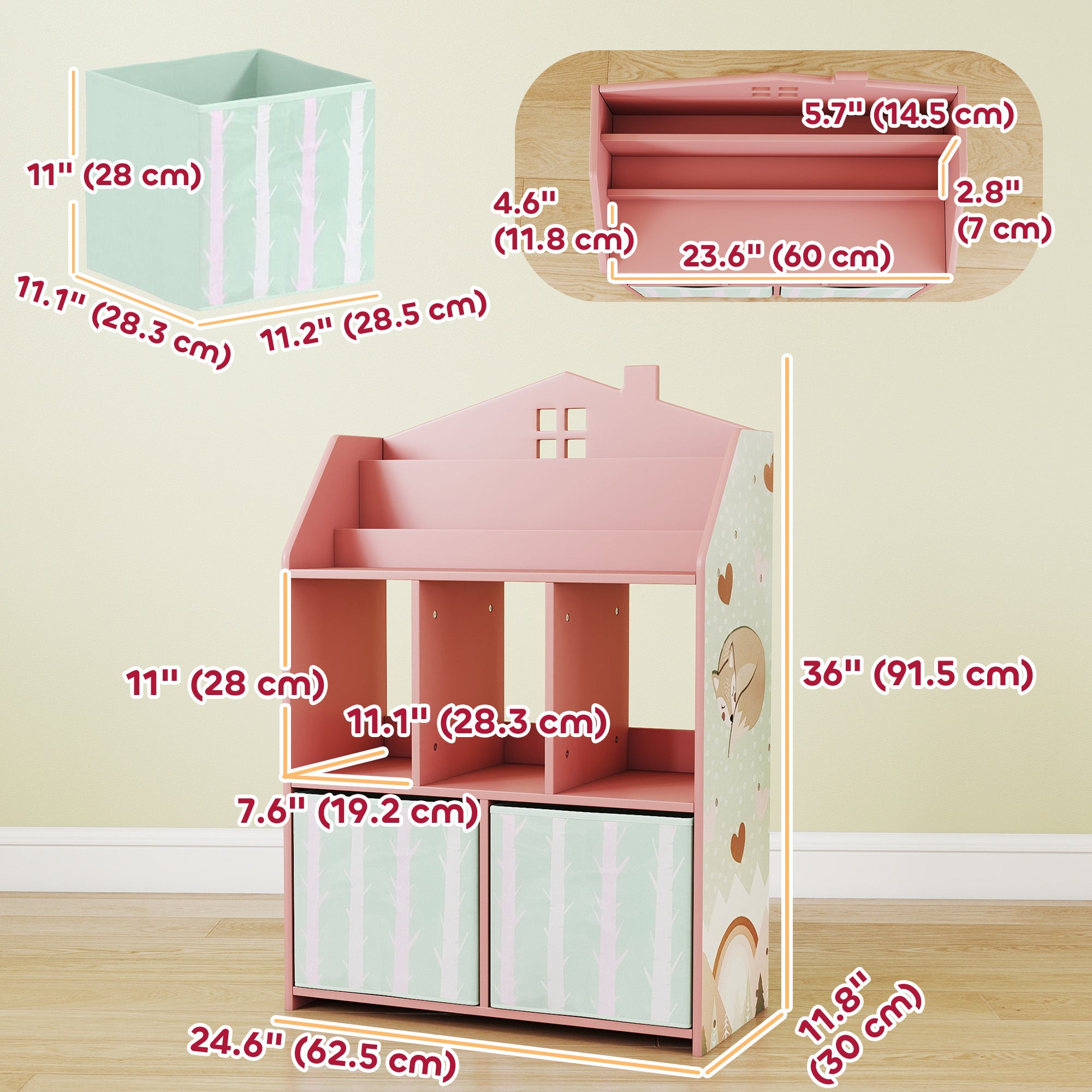 Qaba Kids Bookshelf with Storage, Toy Storage Unit with Book Display, Shelves and Fabric Drawers for Playroom Nursery, Pink-Toys & Games > Toddler & Kids Furniture > Baby & Kids Storage-DECOROLALA