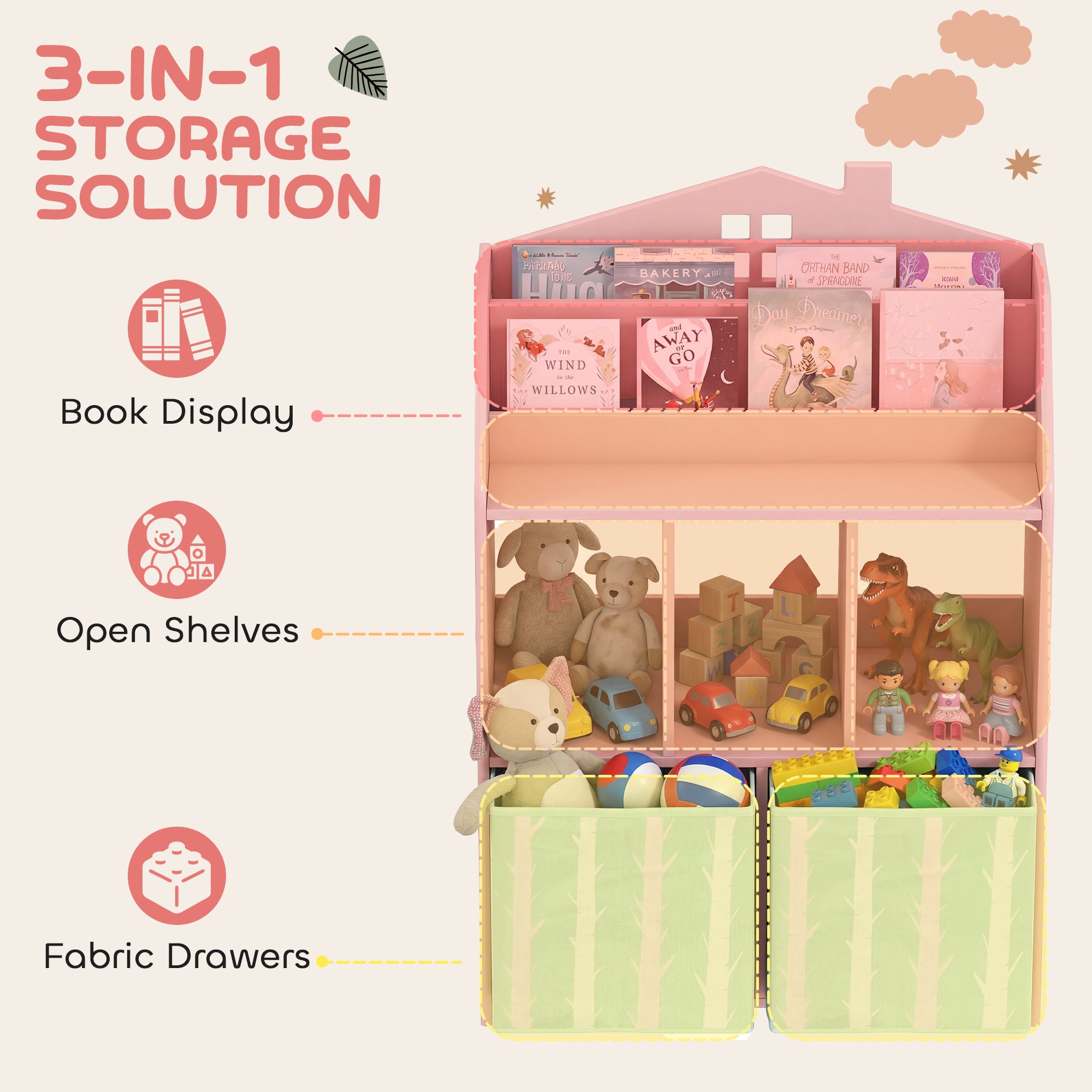 Qaba Kids Bookshelf with Storage, Toy Storage Unit with Book Display, Shelves and Fabric Drawers for Playroom Nursery, Pink-Toys & Games > Toddler & Kids Furniture > Baby & Kids Storage-DECOROLALA