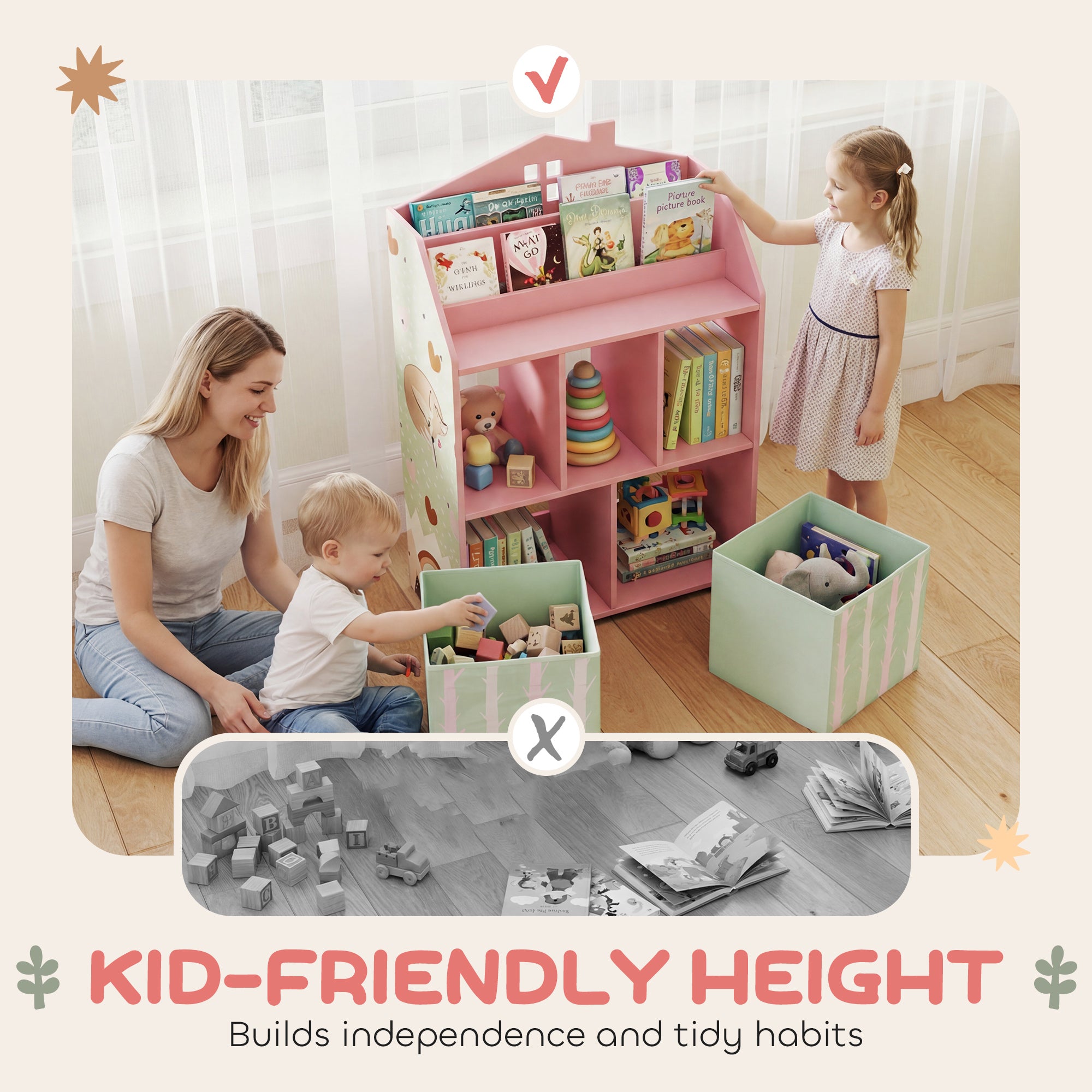 Qaba Kids Bookshelf with Storage, Toy Storage Unit with Book Display, Shelves and Fabric Drawers for Playroom Nursery, Pink-Toys & Games > Toddler & Kids Furniture > Baby & Kids Storage-DECOROLALA