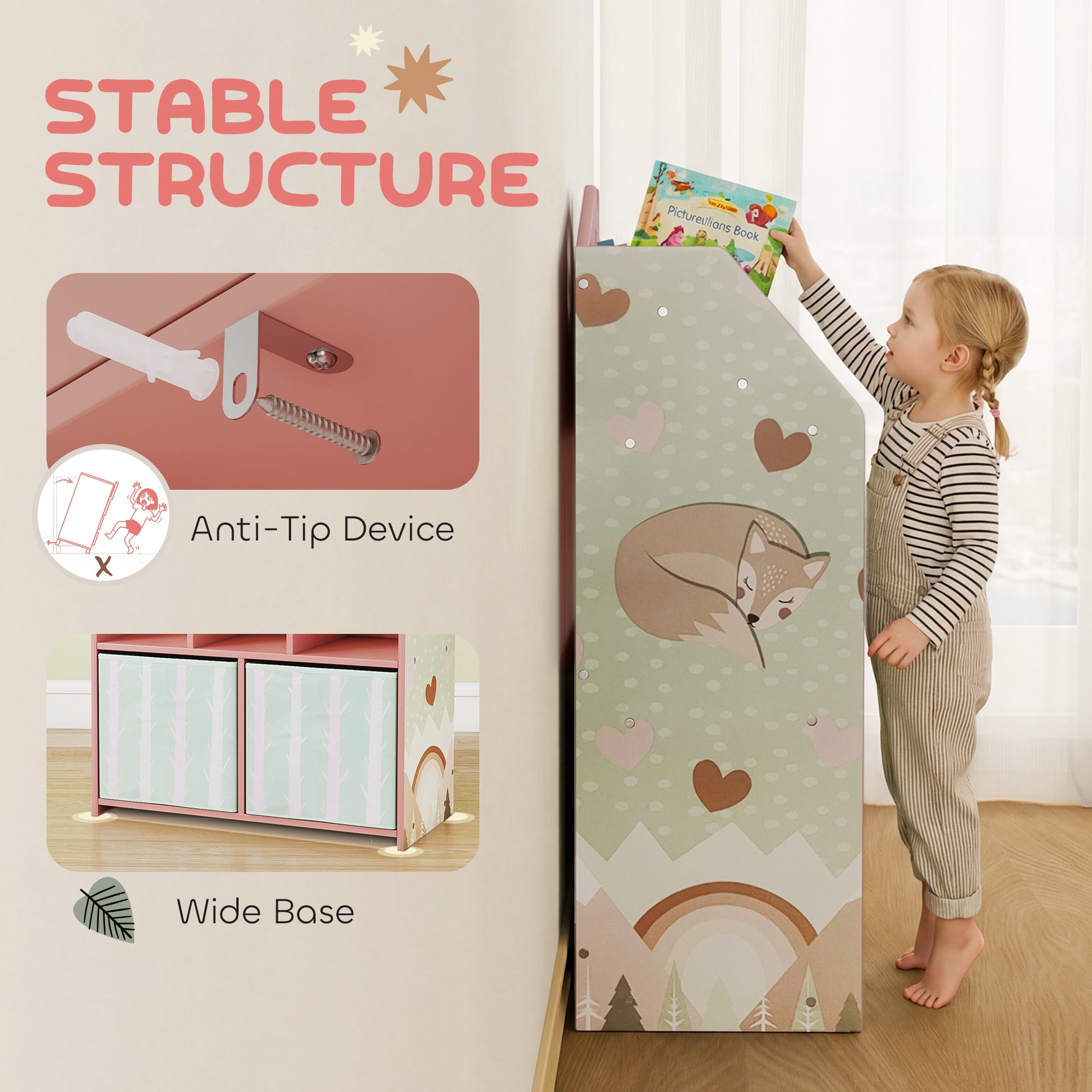 Qaba Kids Bookshelf with Storage, Toy Storage Unit with Book Display, Shelves and Fabric Drawers for Playroom Nursery, Pink-Toys & Games > Toddler & Kids Furniture > Baby & Kids Storage-DECOROLALA
