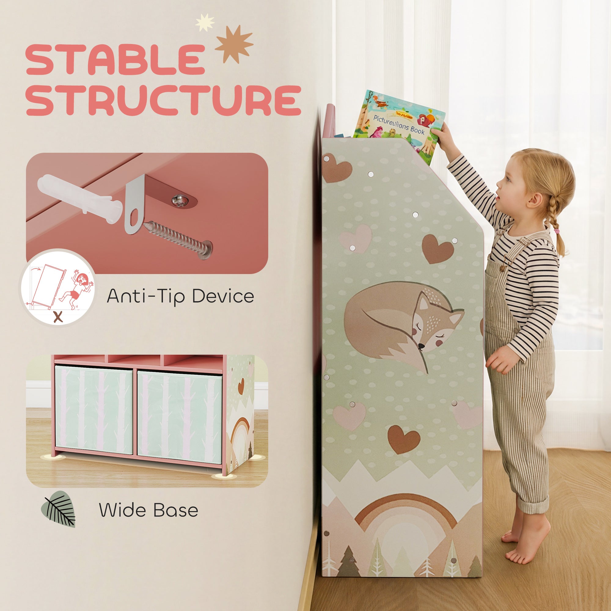 Qaba Kids Bookshelf with Storage, Toy Storage Unit with Book Display, Shelves and Fabric Drawers for Playroom Nursery, Pink-Toys & Games > Toddler & Kids Furniture > Baby & Kids Storage-DECOROLALA