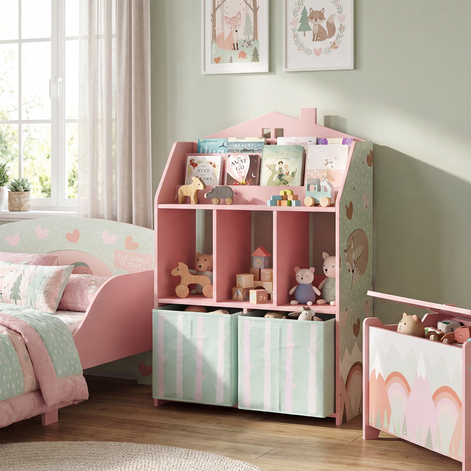 Qaba Kids Bookshelf with Storage, Toy Storage Unit with Book Display, Shelves and Fabric Drawers for Playroom Nursery, Pink-Toys & Games > Toddler & Kids Furniture > Baby & Kids Storage-DECOROLALA