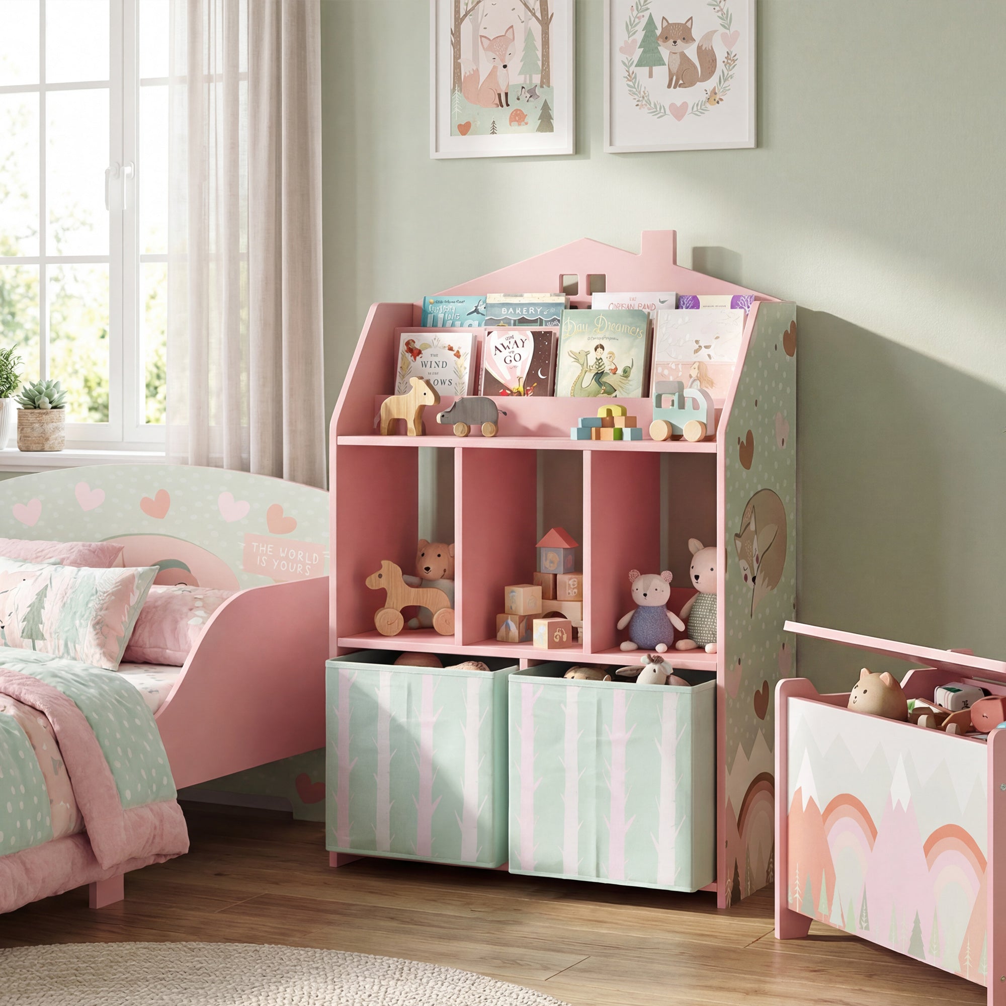 Qaba Kids Bookshelf with Storage, Toy Storage Unit with Book Display, Shelves and Fabric Drawers for Playroom Nursery, Pink-Toys & Games > Toddler & Kids Furniture > Baby & Kids Storage-DECOROLALA