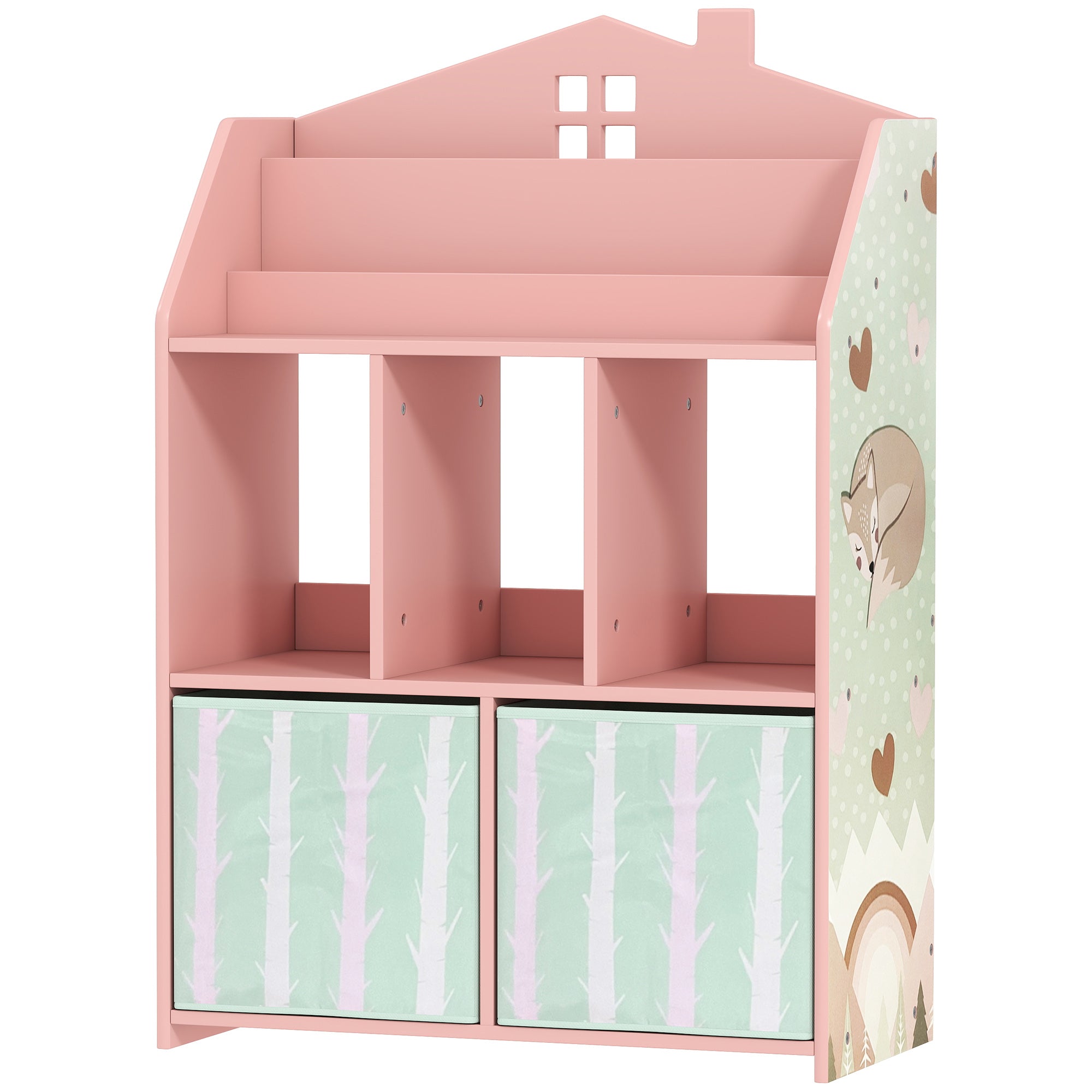 Qaba Kids Bookshelf with Storage, Toy Storage Unit with Book Display, Shelves and Fabric Drawers for Playroom Nursery, Pink-Toys & Games > Toddler & Kids Furniture > Baby & Kids Storage-DECOROLALA